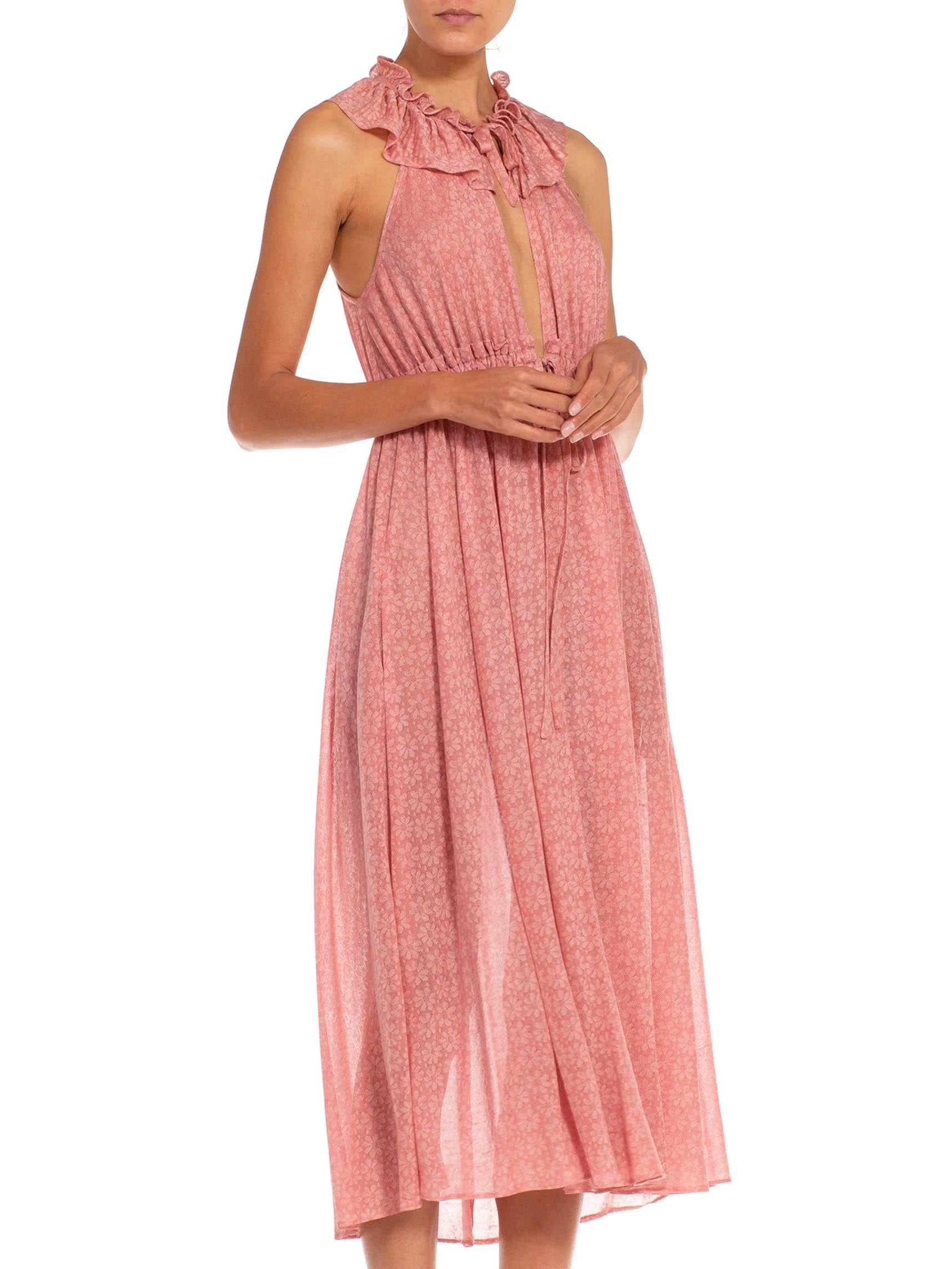 1970S Ossie Clark Radley Pink Nylon Blend Floral Knit Low Cut Dress For Sale 1
