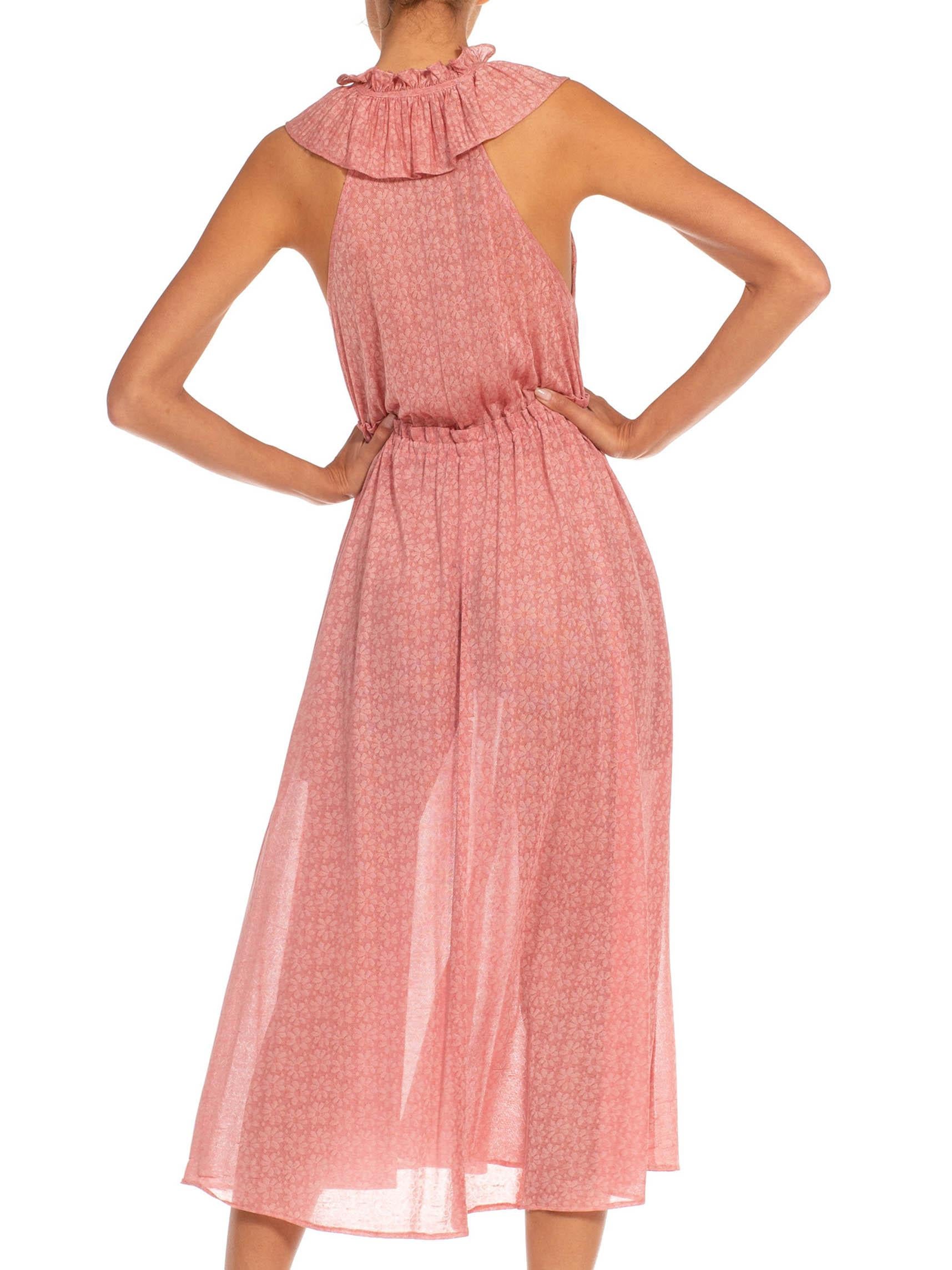 1970S Ossie Clark Radley Pink Nylon Blend Floral Knit Low Cut Dress For Sale 2