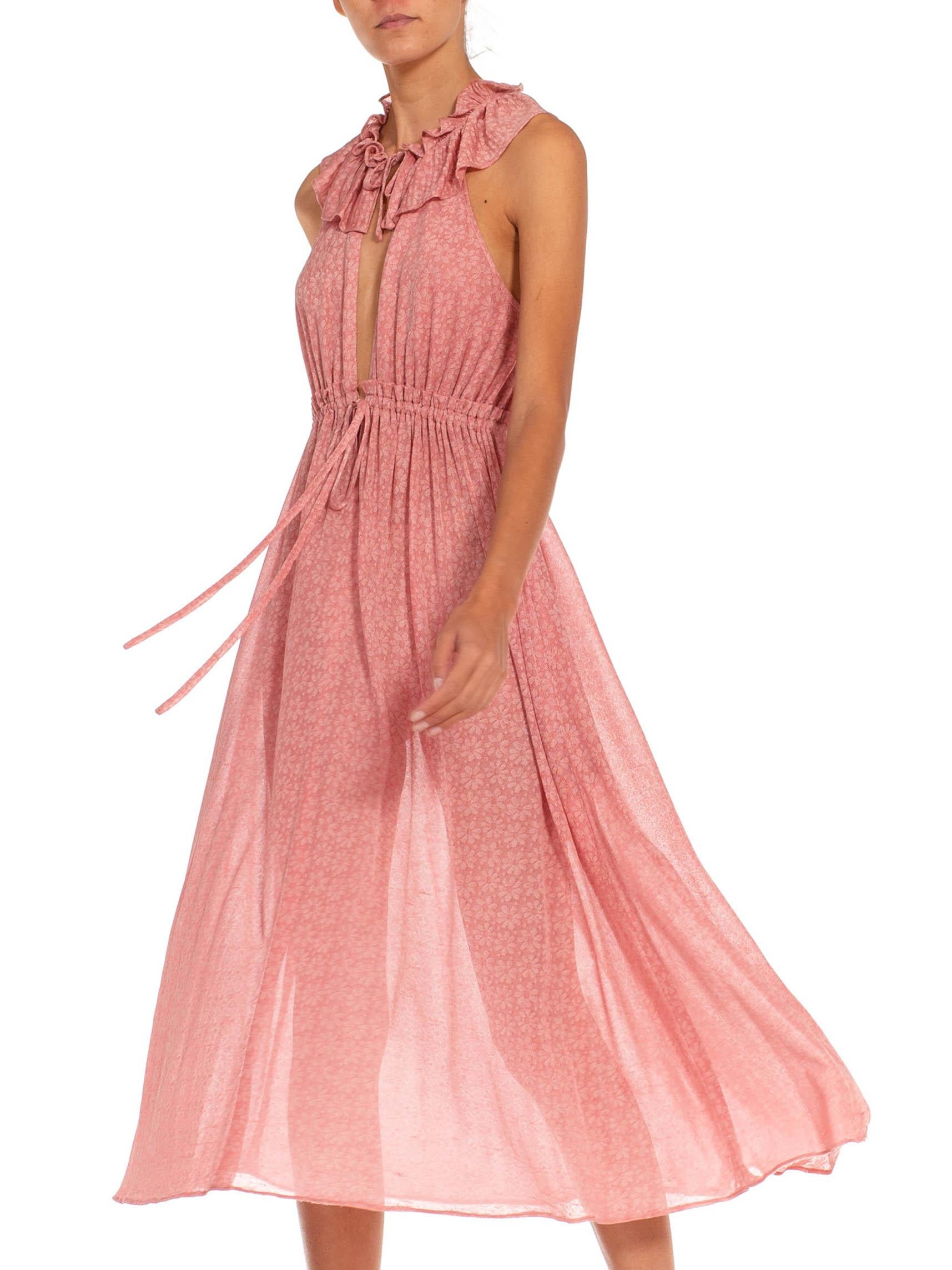 1970S Ossie Clark Radley Pink Nylon Blend Floral Knit Low Cut Dress For Sale 3