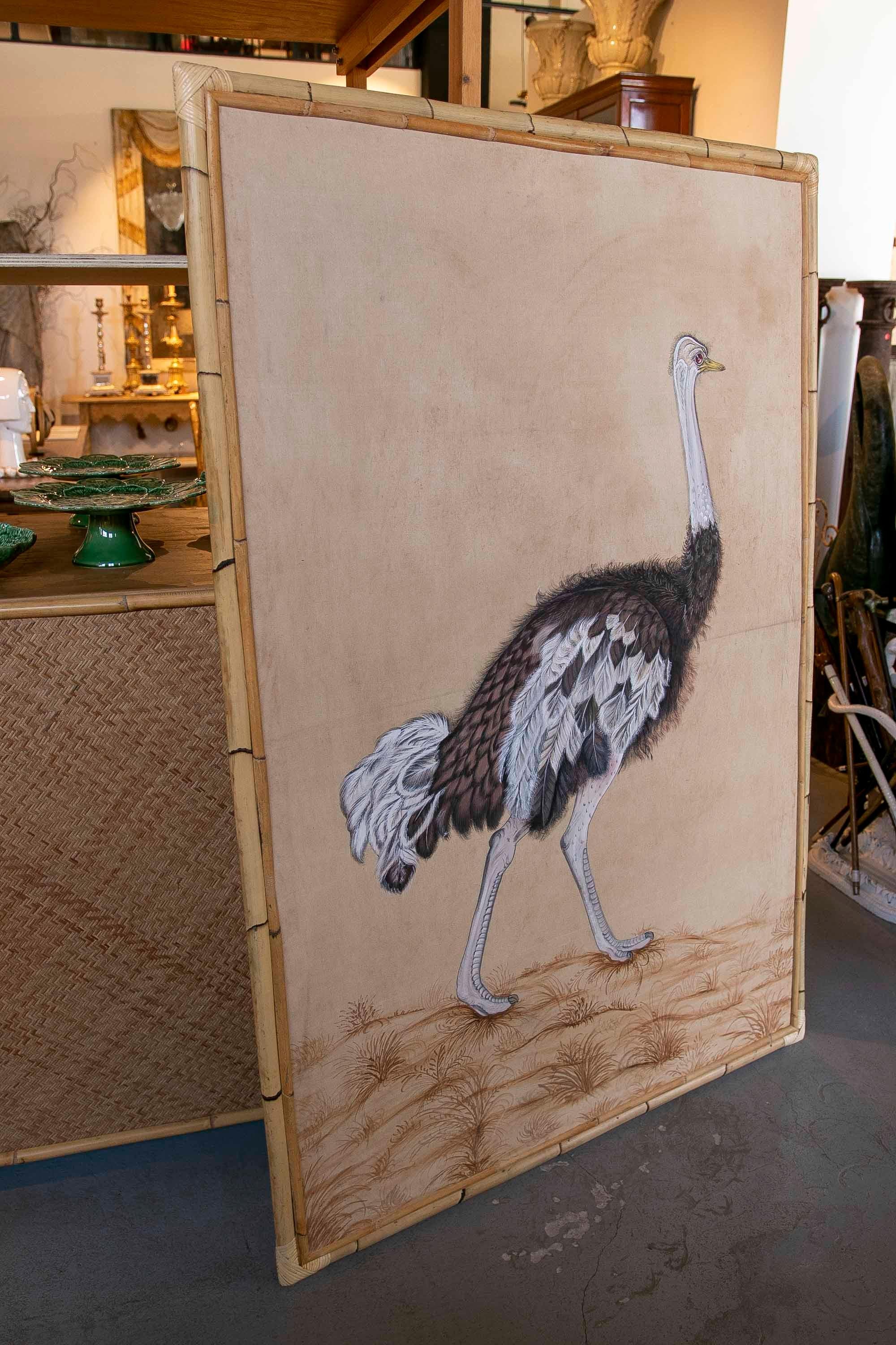 European 1970s Ostrich Picture Painted on Canvas and Framed in Bamboo