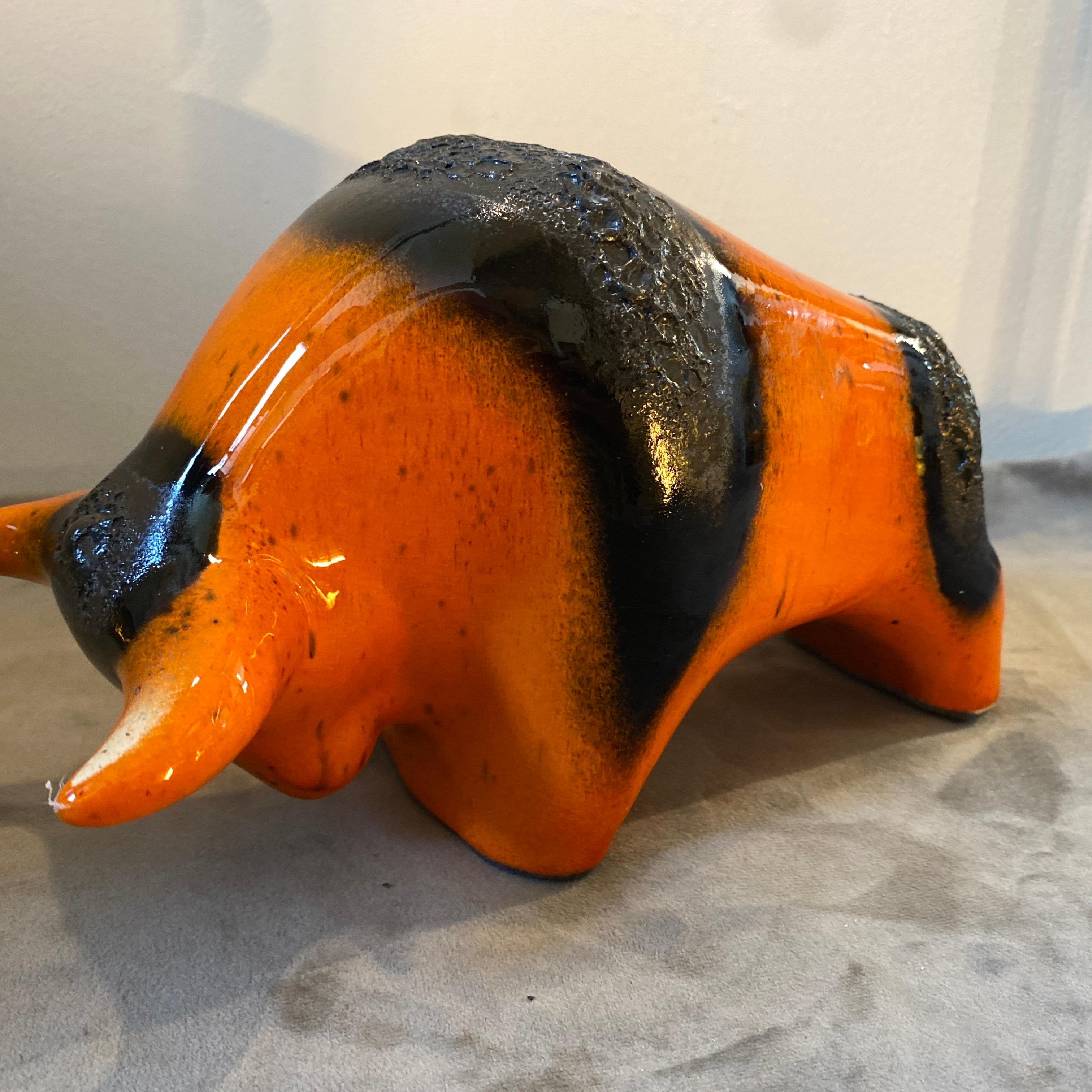 Mid-Century Modern 1970s Otto Keramik Orange and Black Fat Lava Ceramic Bull