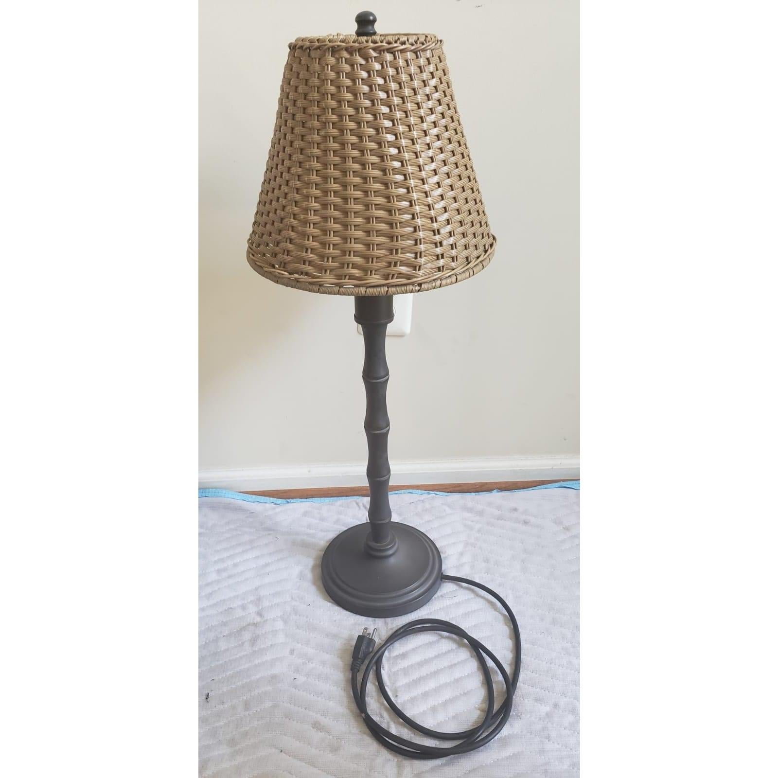 1970s Outdoor Faux Bamboo Metal and Faux Wicker Walnut Shade Table Lamp 1