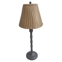 1970s Outdoor Faux Bamboo Metal and Faux Wicker Walnut Shade Table Lamp