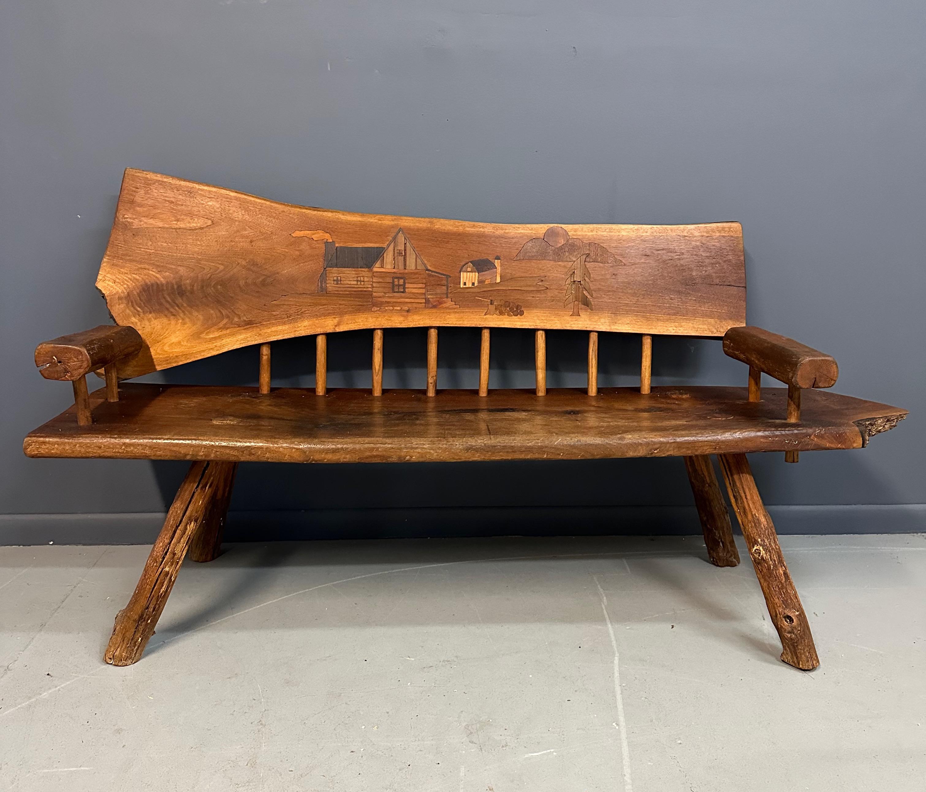 Adirondack 1970s Outsider Artist Country Solid Slab Bench with Marquetry Barn Scene For Sale