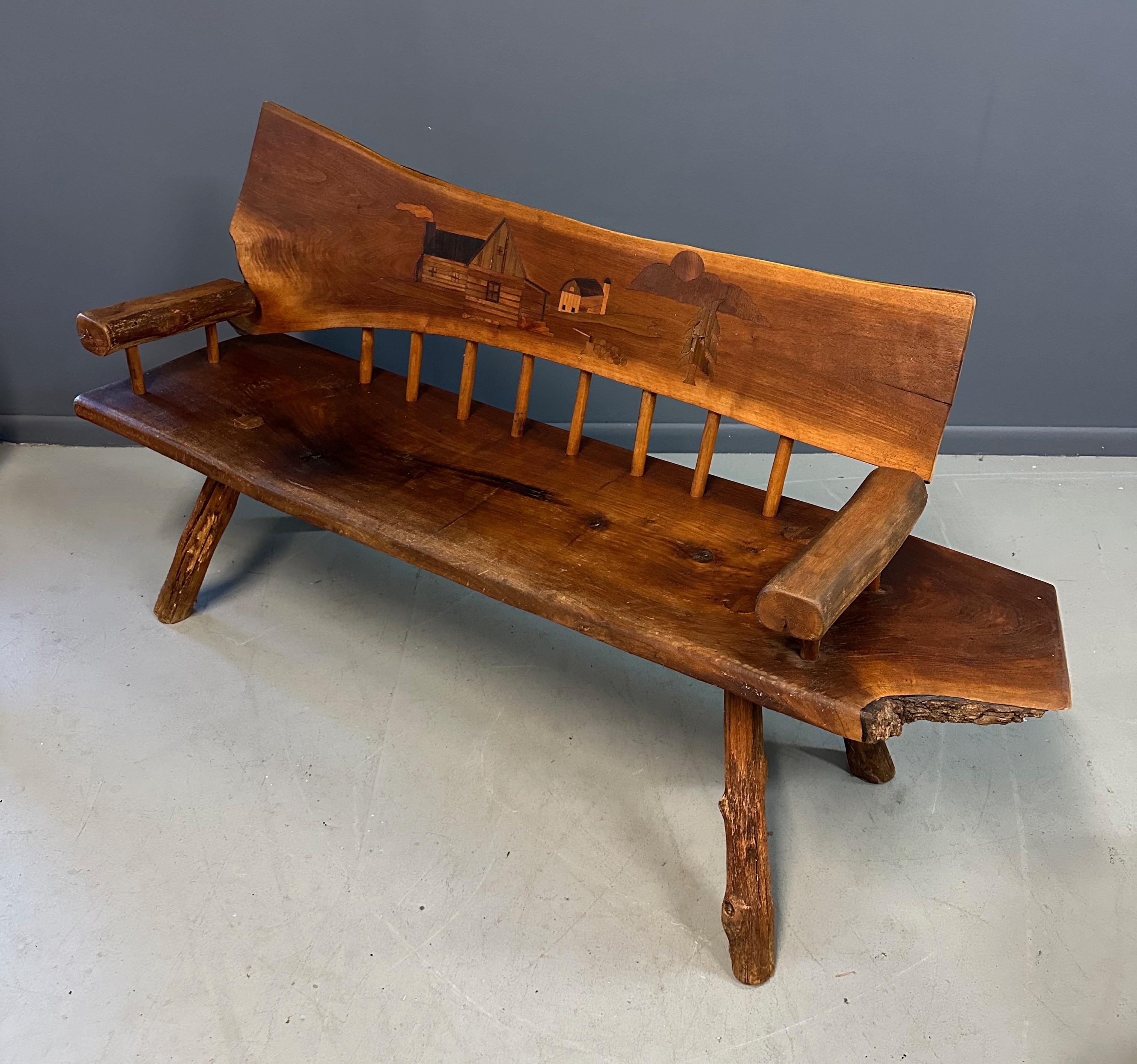 North American 1970s Outsider Artist Country Solid Slab Bench with Marquetry Barn Scene For Sale