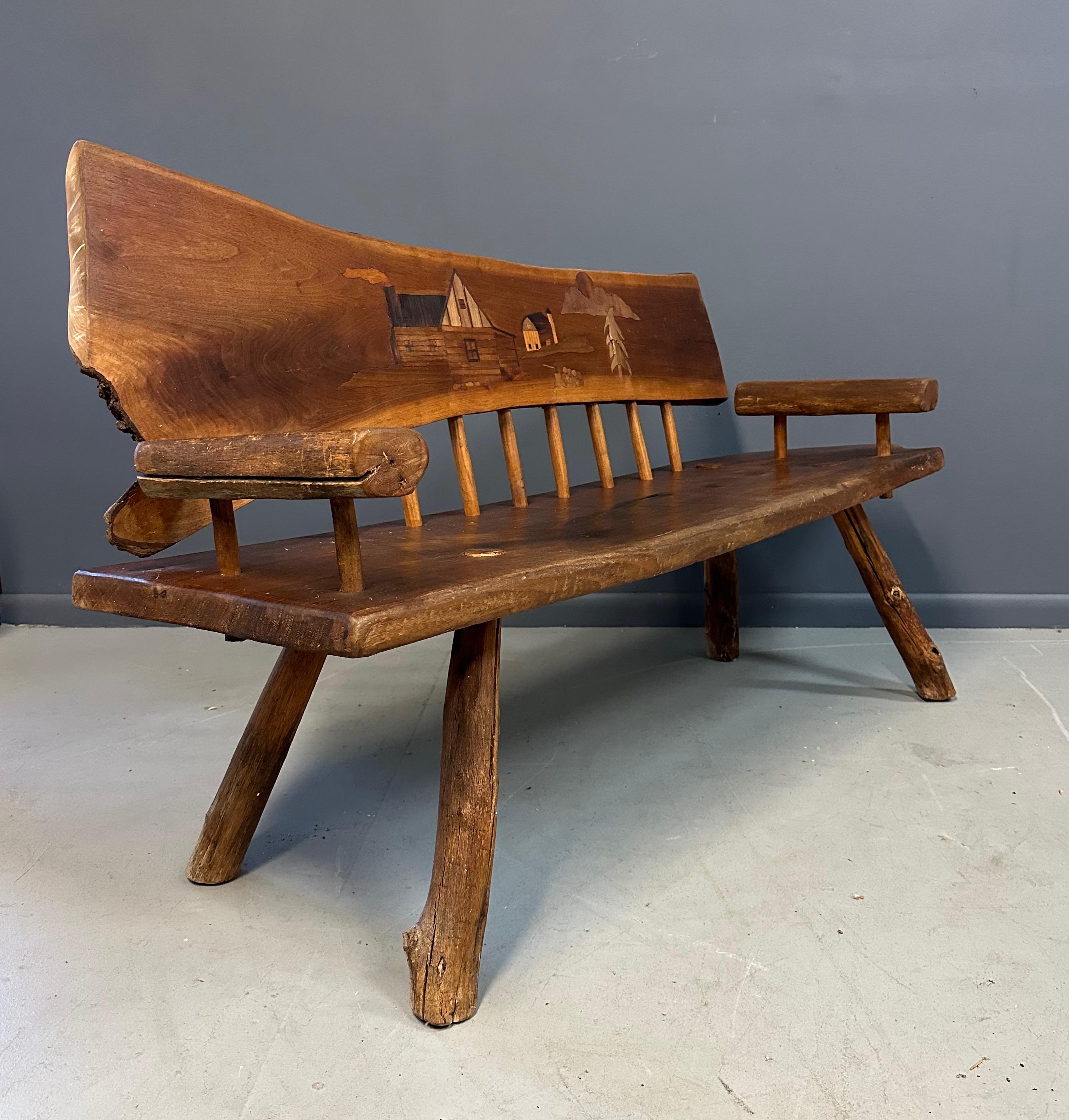 1970s Outsider Artist Country Solid Slab Bench with Marquetry Barn Scene In Good Condition For Sale In Philadelphia, PA