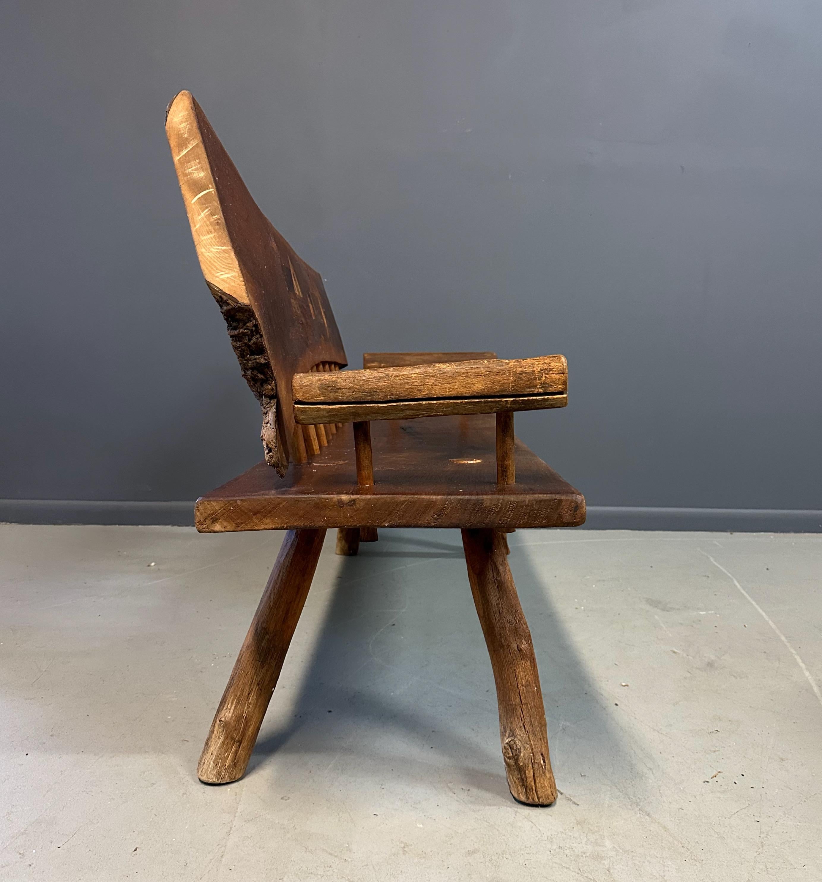 20th Century 1970s Outsider Artist Country Solid Slab Bench with Marquetry Barn Scene For Sale