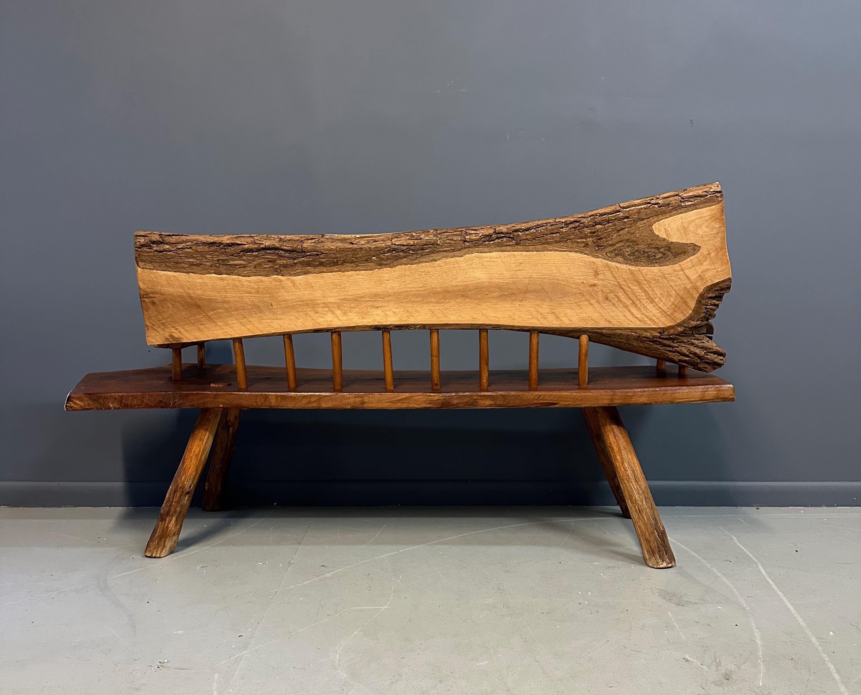 Wood 1970s Outsider Artist Country Solid Slab Bench with Marquetry Barn Scene For Sale