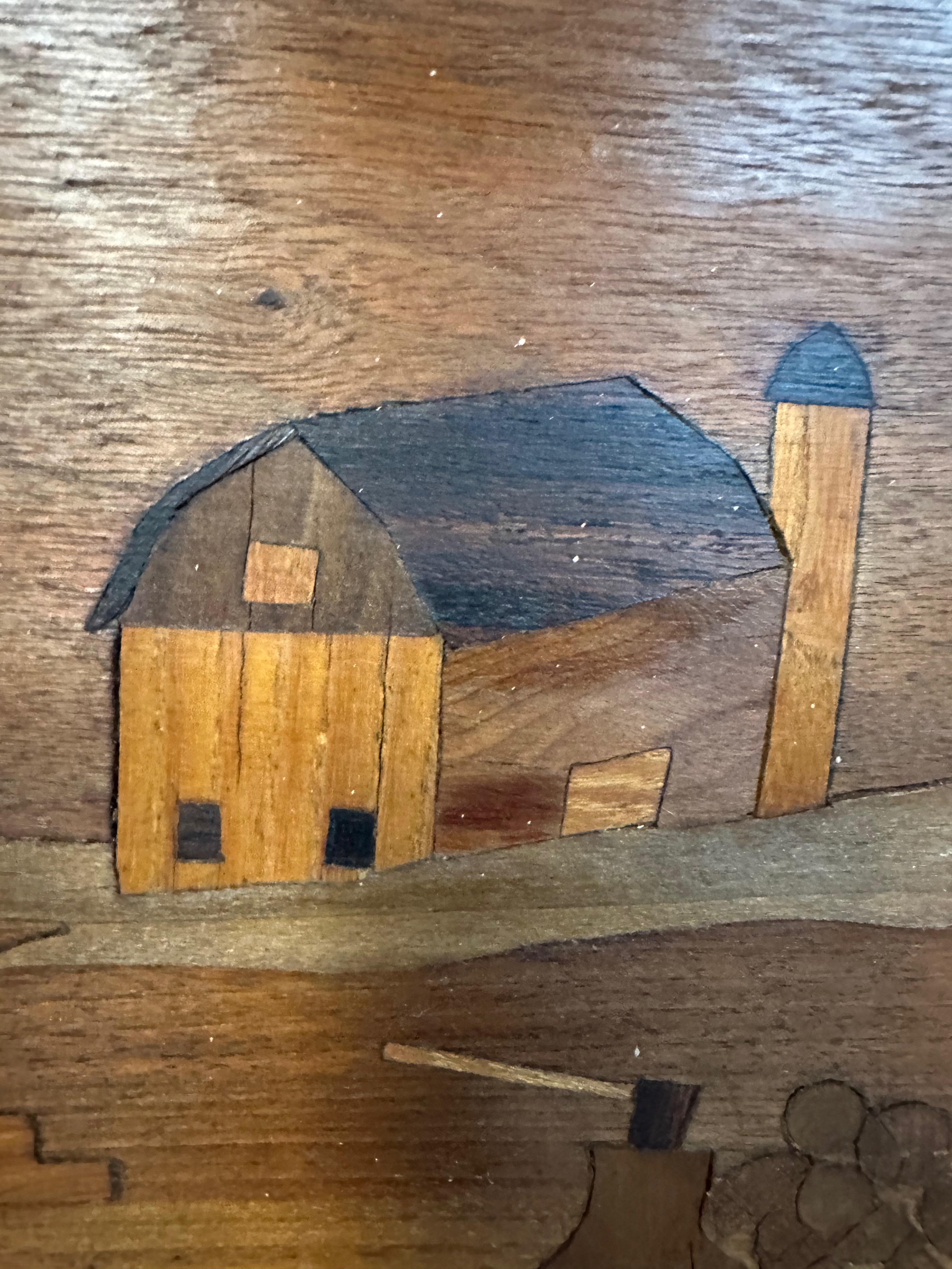 1970s Outsider Artist Country Solid Slab Bench with Marquetry Barn Scene For Sale 1