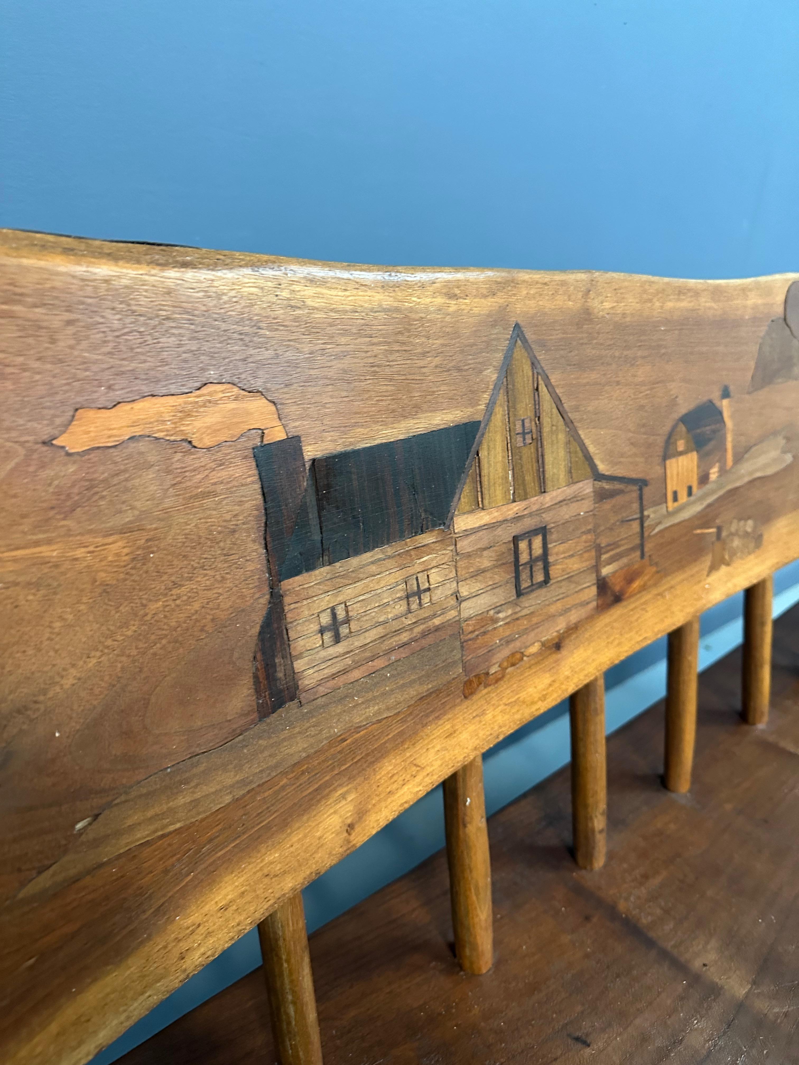 1970s Outsider Artist Country Solid Slab Bench with Marquetry Barn Scene For Sale 2