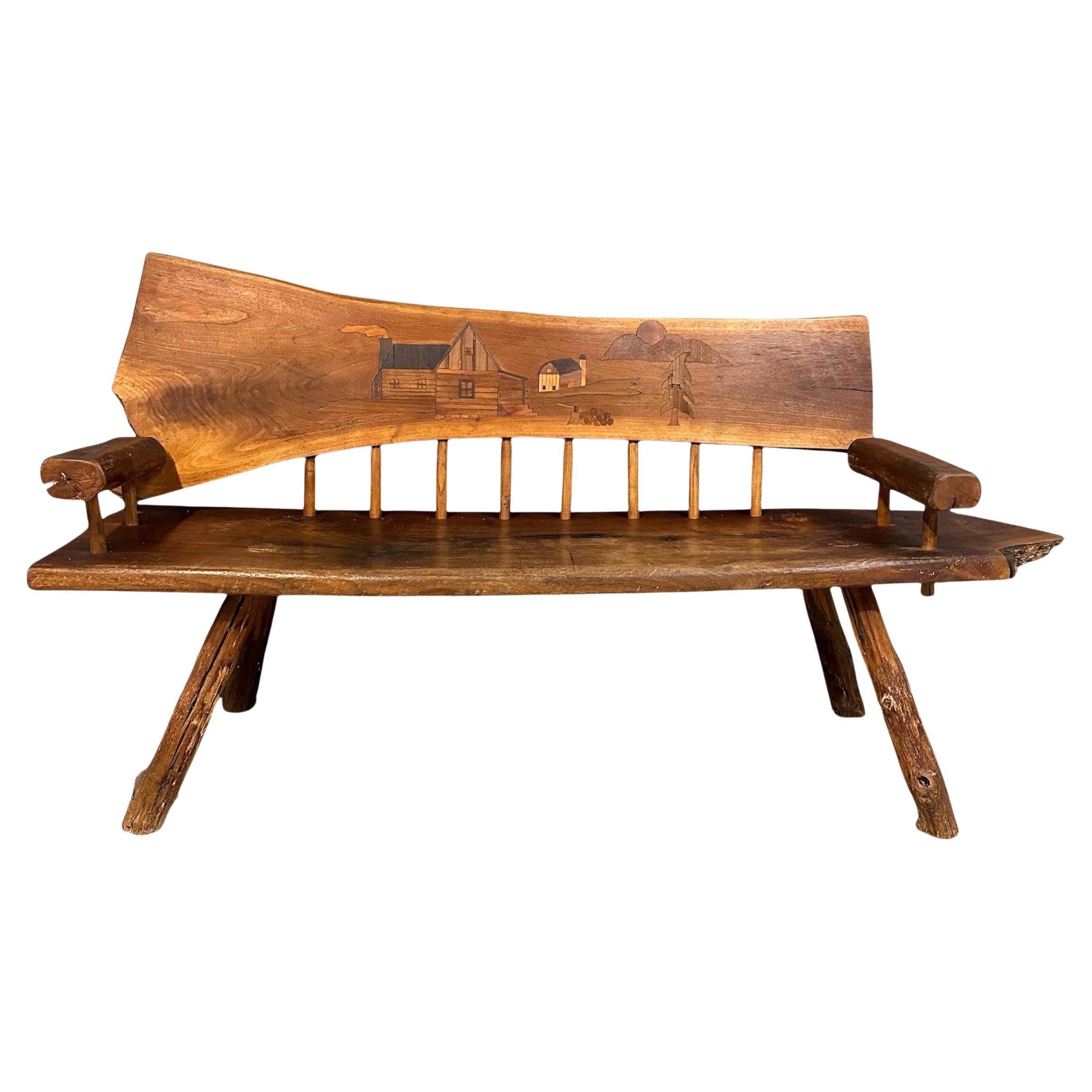 1970s Outsider Artist Country Solid Slab Bench with Marquetry Barn Scene For Sale