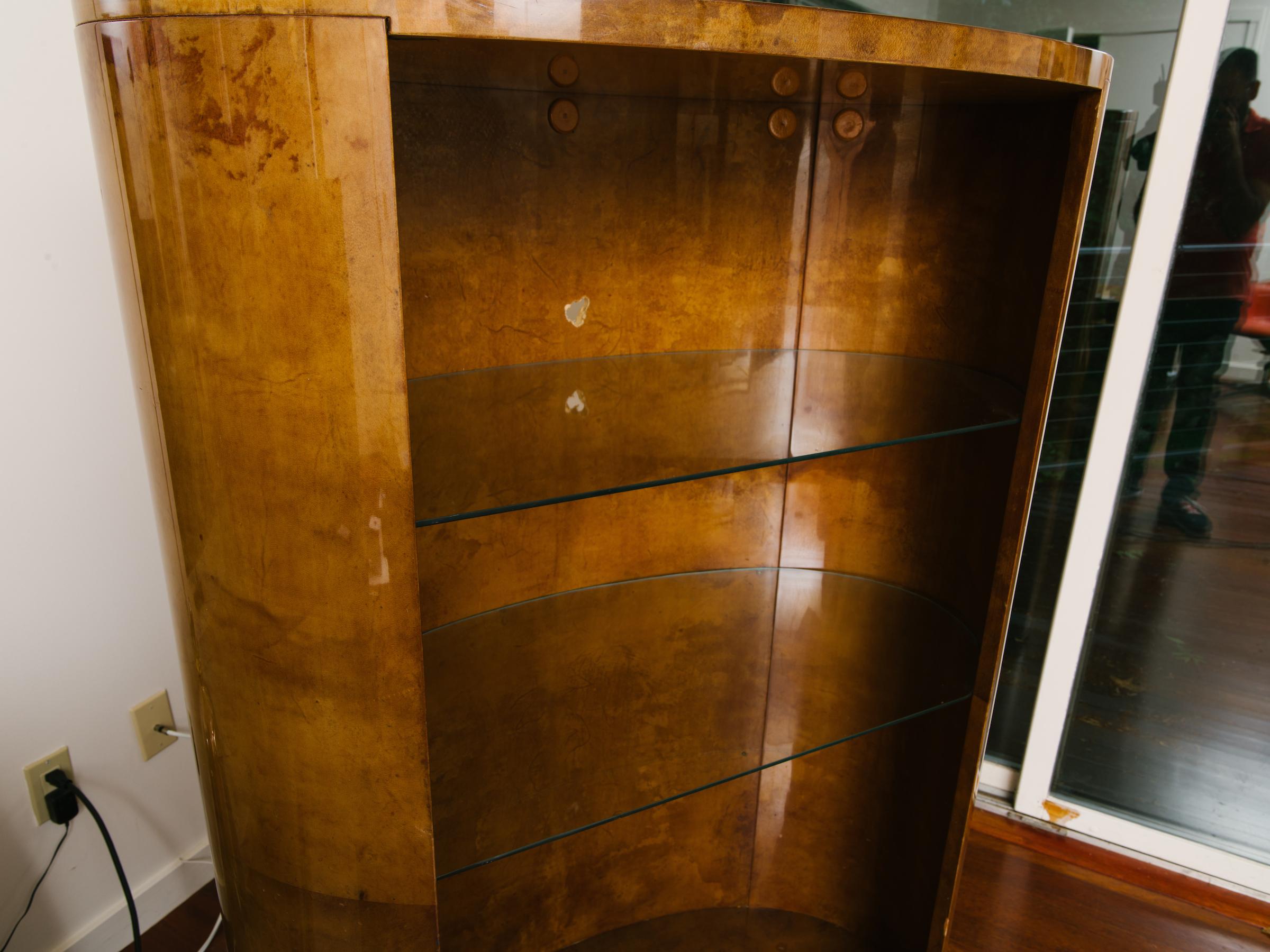 1970s Oval Goatskin Bookcase in the Style of Aldo Tura In Fair Condition In Tarrytown, NY