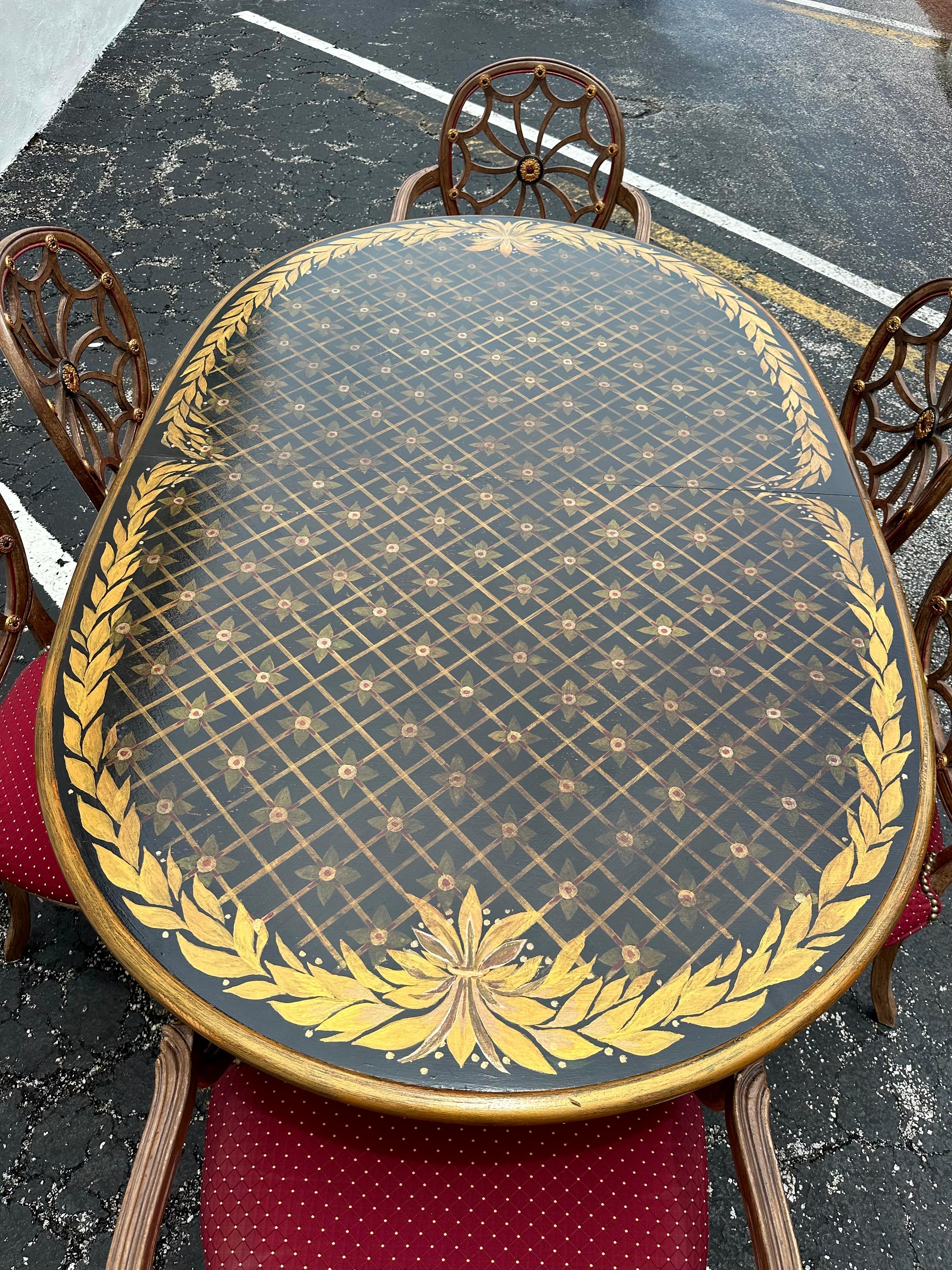 1970er Oval gemalt Floral Erweiterung Dining Web Sunburst zurück Stühle, Satz von 7 im Angebot 3
