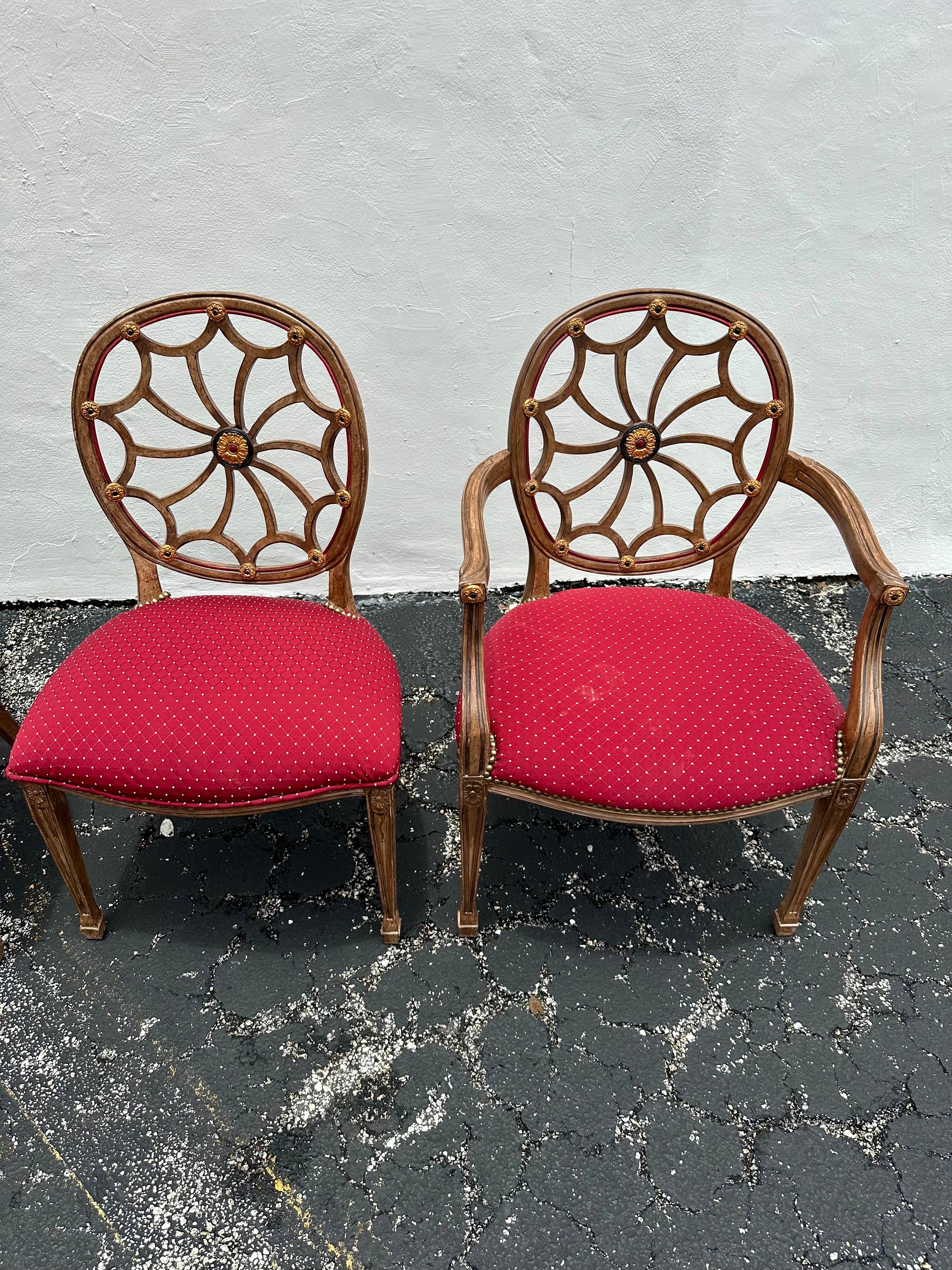 1970er Oval gemalt Floral Erweiterung Dining Web Sunburst zurück Stühle, Satz von 7 im Angebot 6