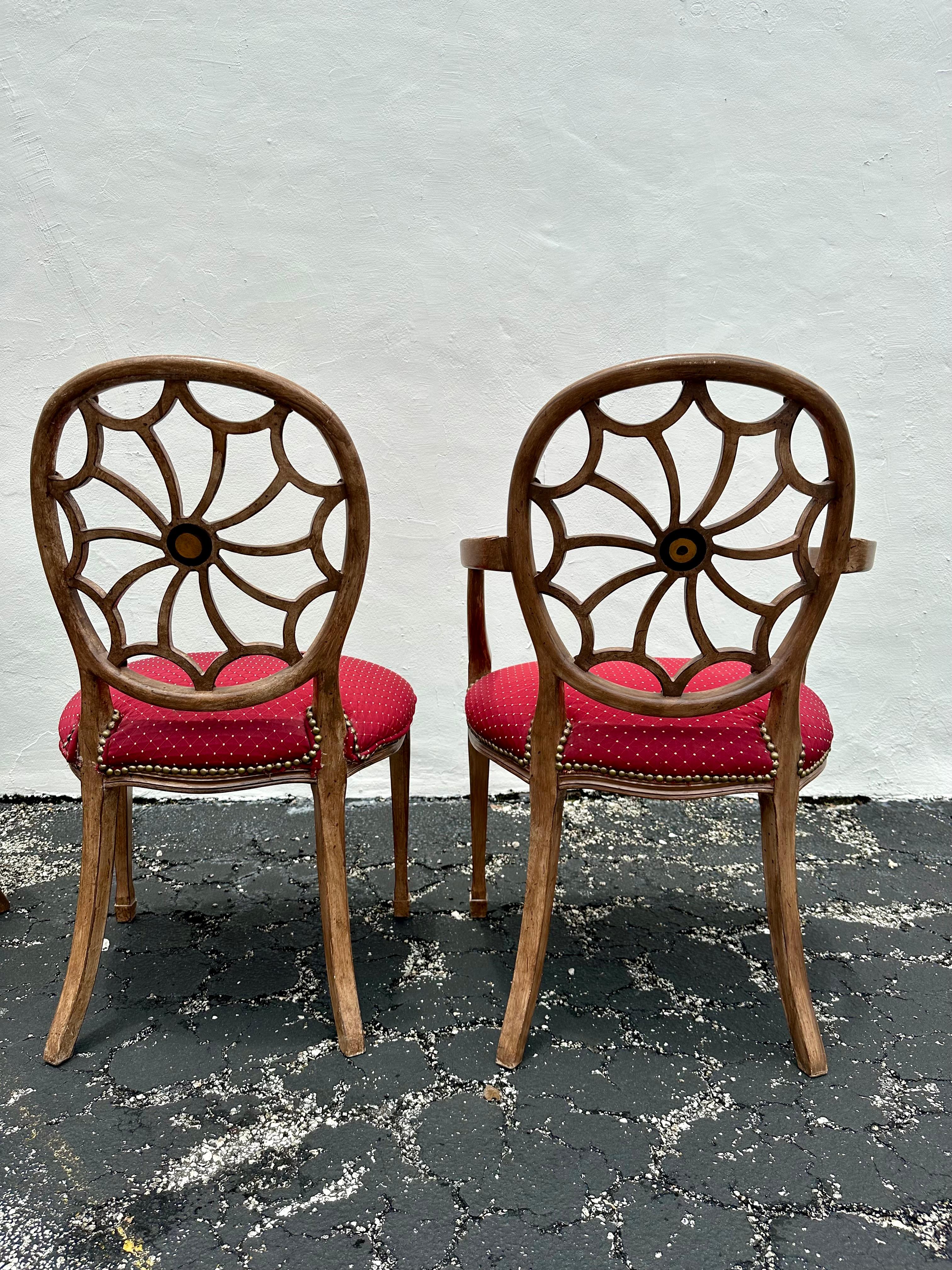1970er Oval gemalt Floral Erweiterung Dining Web Sunburst zurück Stühle, Satz von 7 im Angebot 7