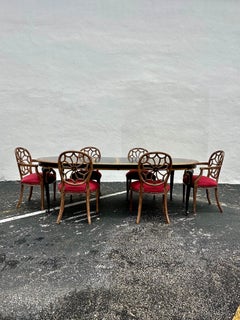 1970s Oval Painted Floral Extension Dining Web Sunburst Back Chairs, Set of 7