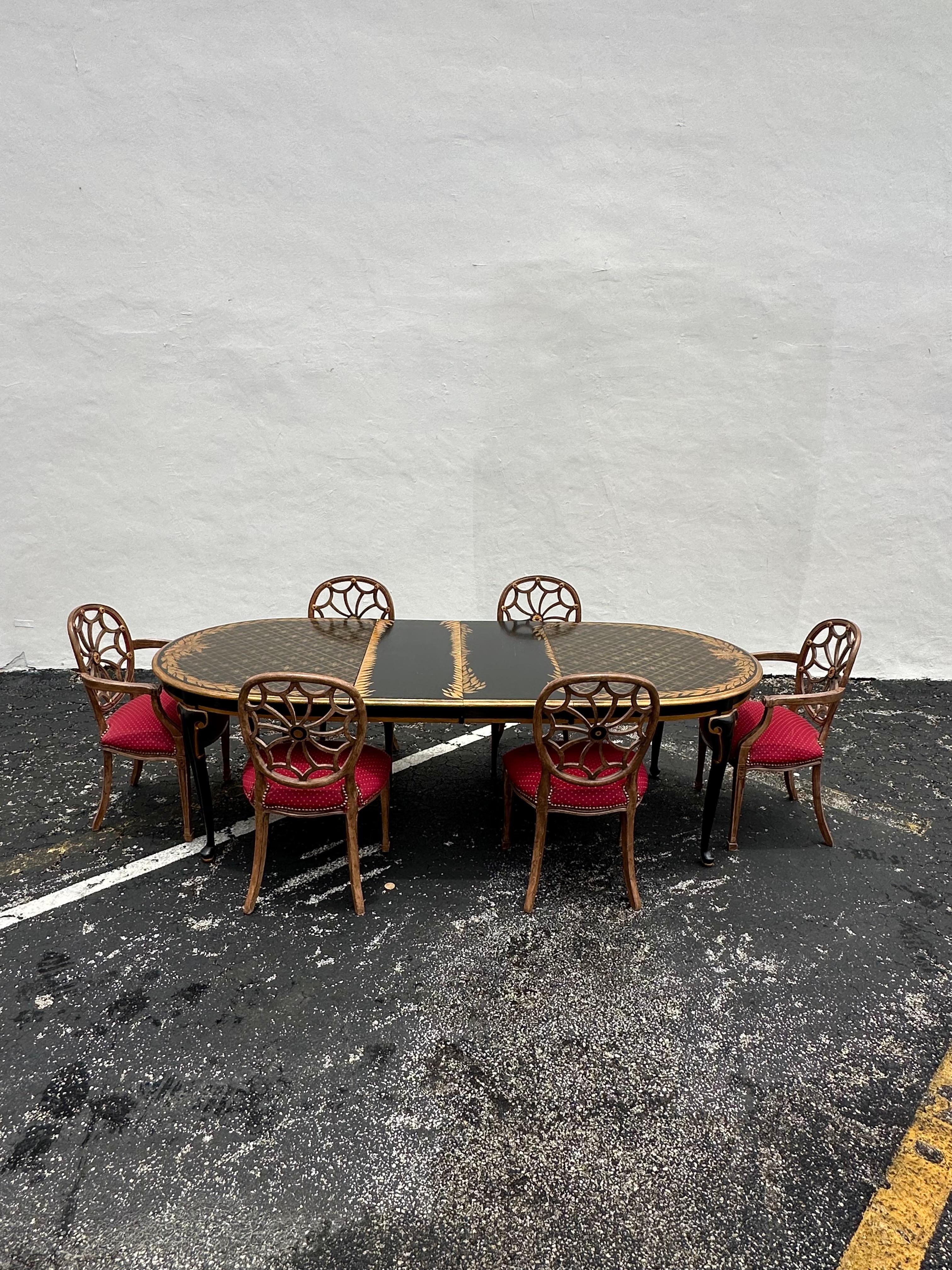 1970er Oval gemalt Floral Erweiterung Dining Web Sunburst zurück Stühle, Satz von 7 (Moderne der Mitte des Jahrhunderts) im Angebot