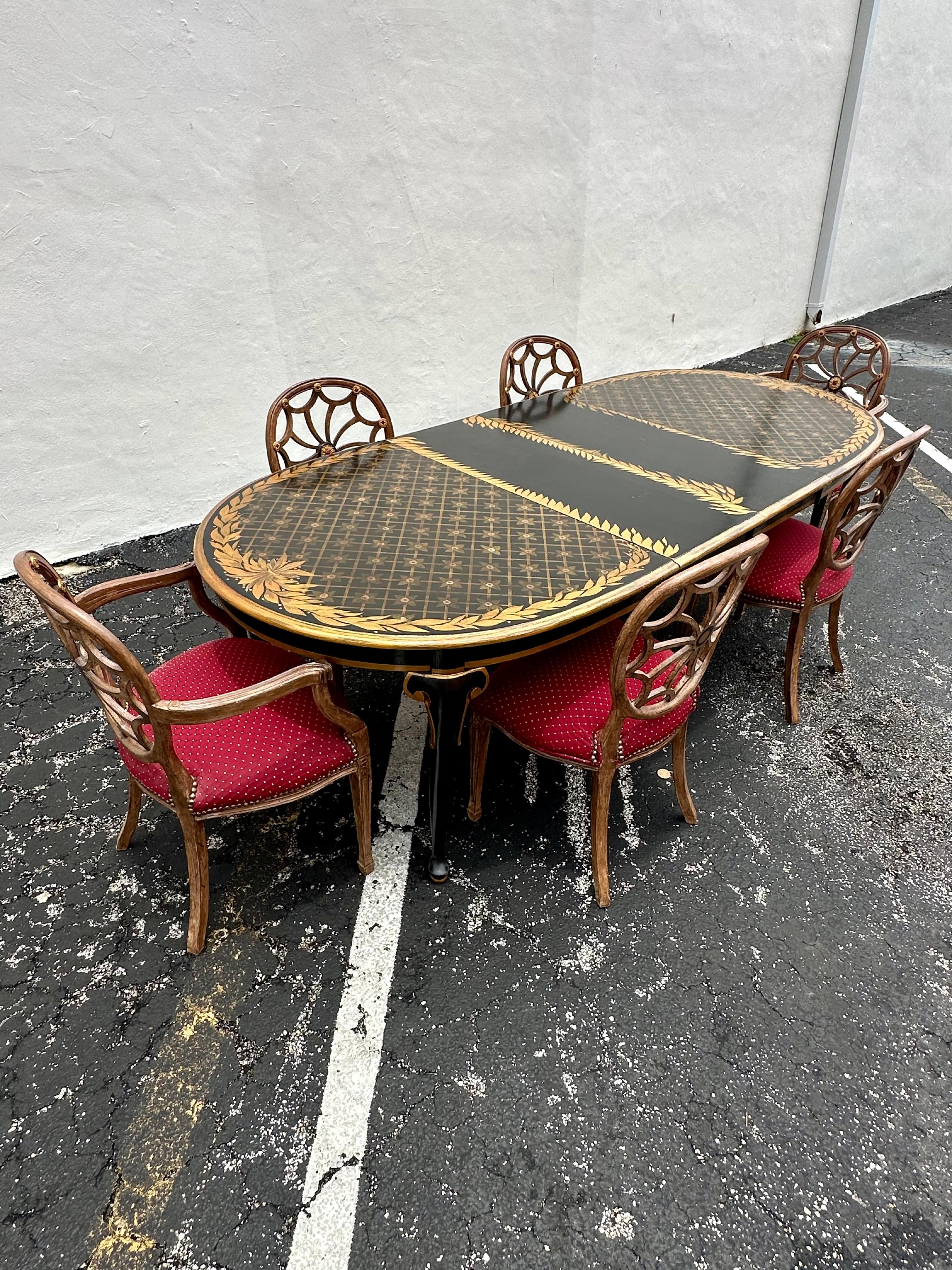 1970er Oval gemalt Floral Erweiterung Dining Web Sunburst zurück Stühle, Satz von 7 (Europäisch) im Angebot