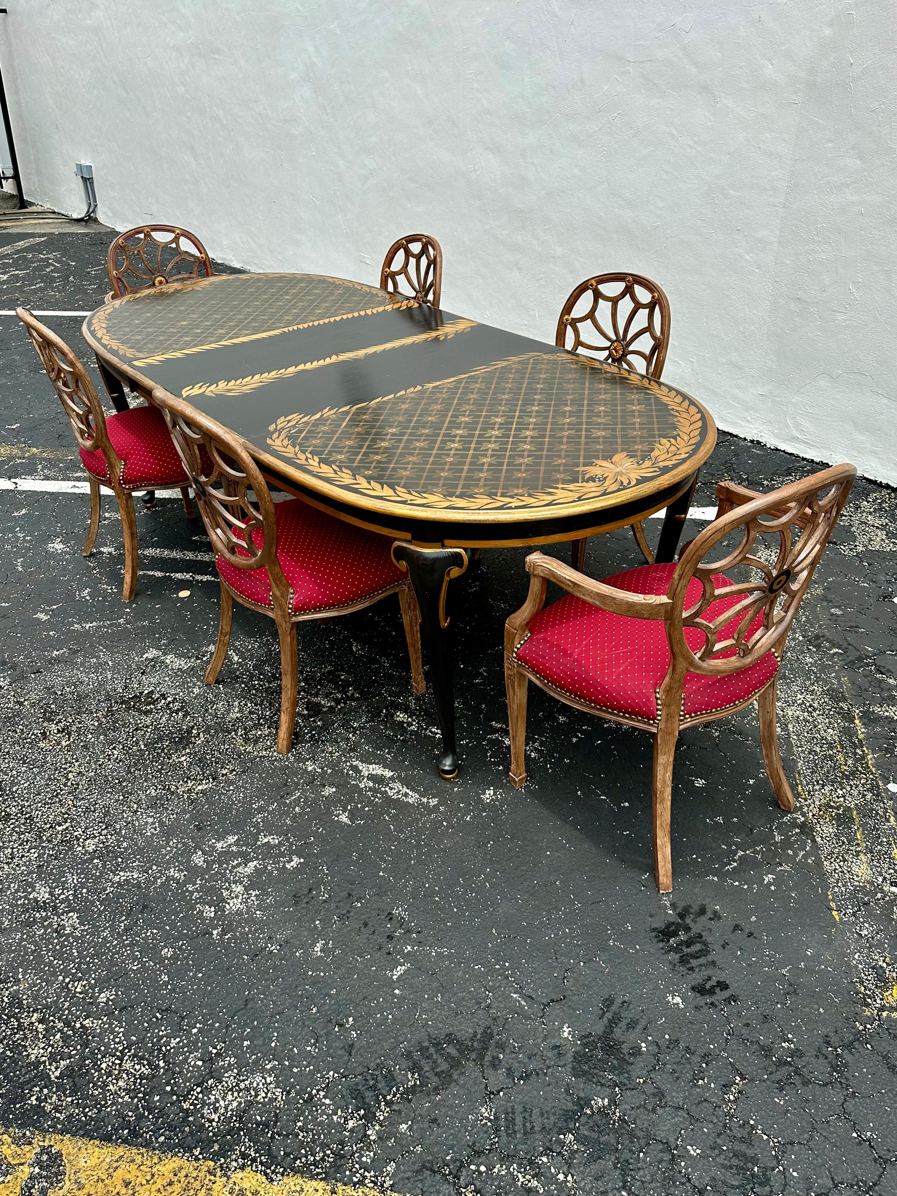 1970er Oval gemalt Floral Erweiterung Dining Web Sunburst zurück Stühle, Satz von 7 im Zustand „Gut“ im Angebot in Fort Lauderdale, FL