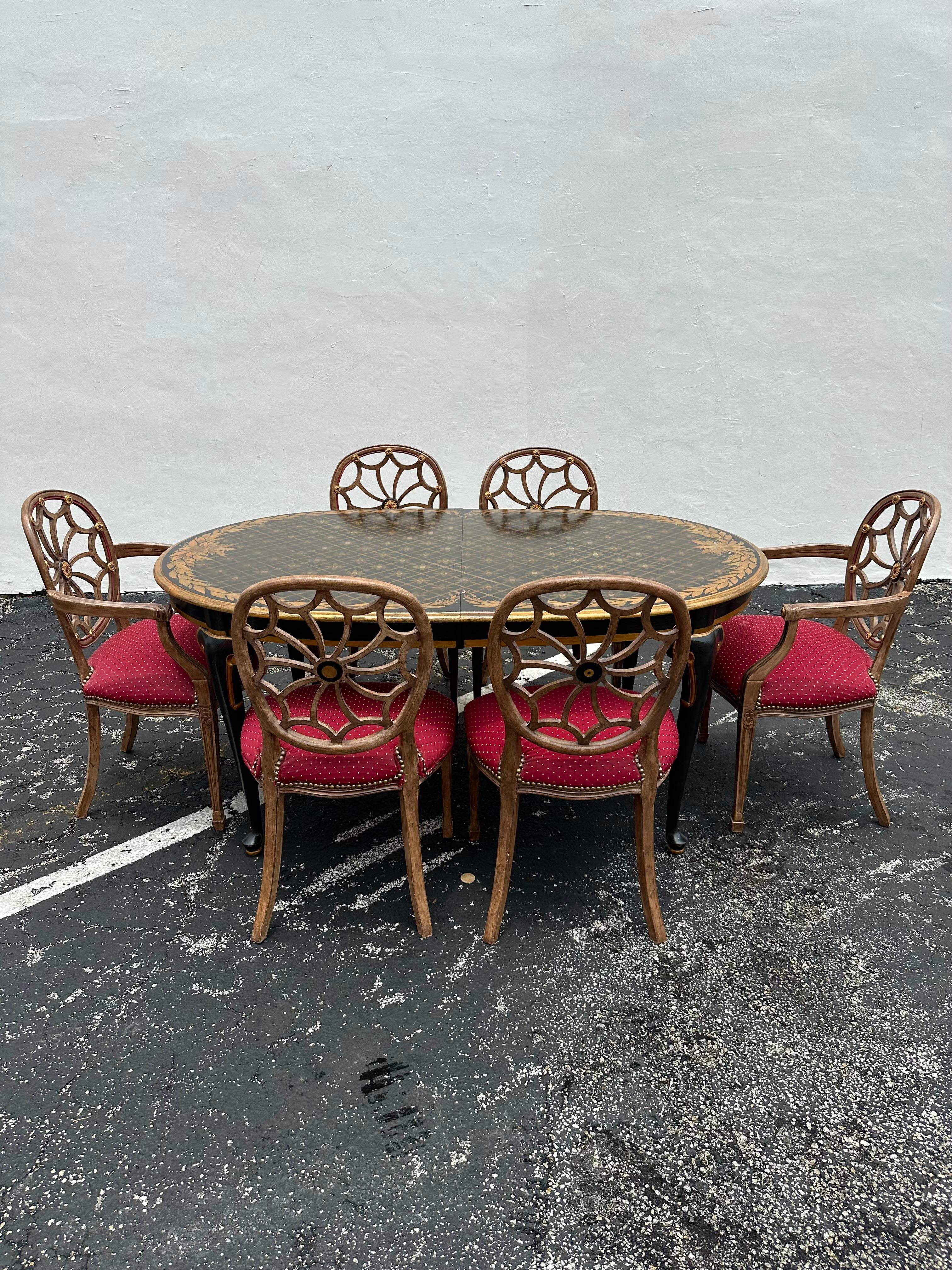 1970er Oval gemalt Floral Erweiterung Dining Web Sunburst zurück Stühle, Satz von 7 im Angebot 1