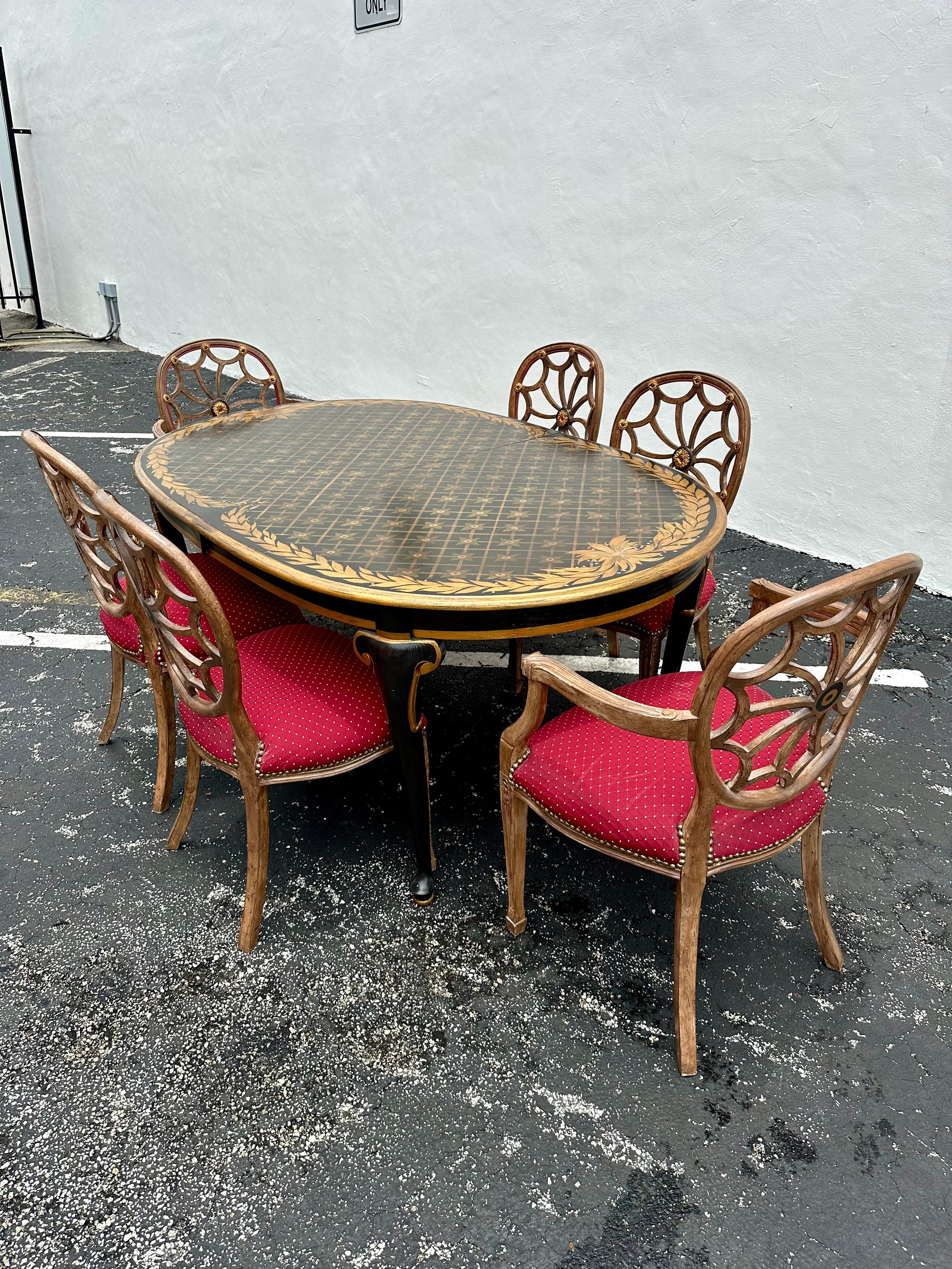 1970er Oval gemalt Floral Erweiterung Dining Web Sunburst zurück Stühle, Satz von 7 im Angebot 2