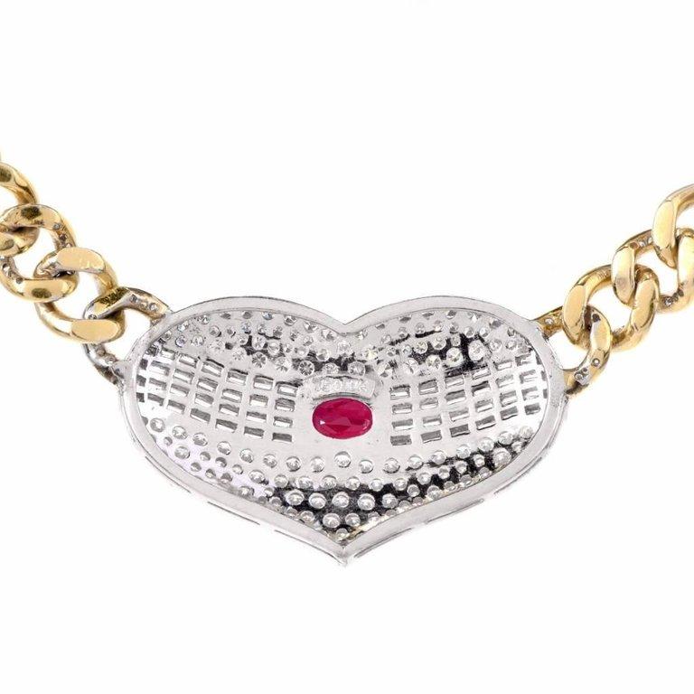 1970s Oval Ruby Diamond Heart Pendant Link Choker Necklace 1