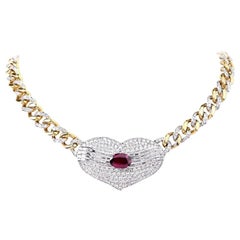 1970s Oval Ruby Diamond Heart Pendant Link Choker Necklace