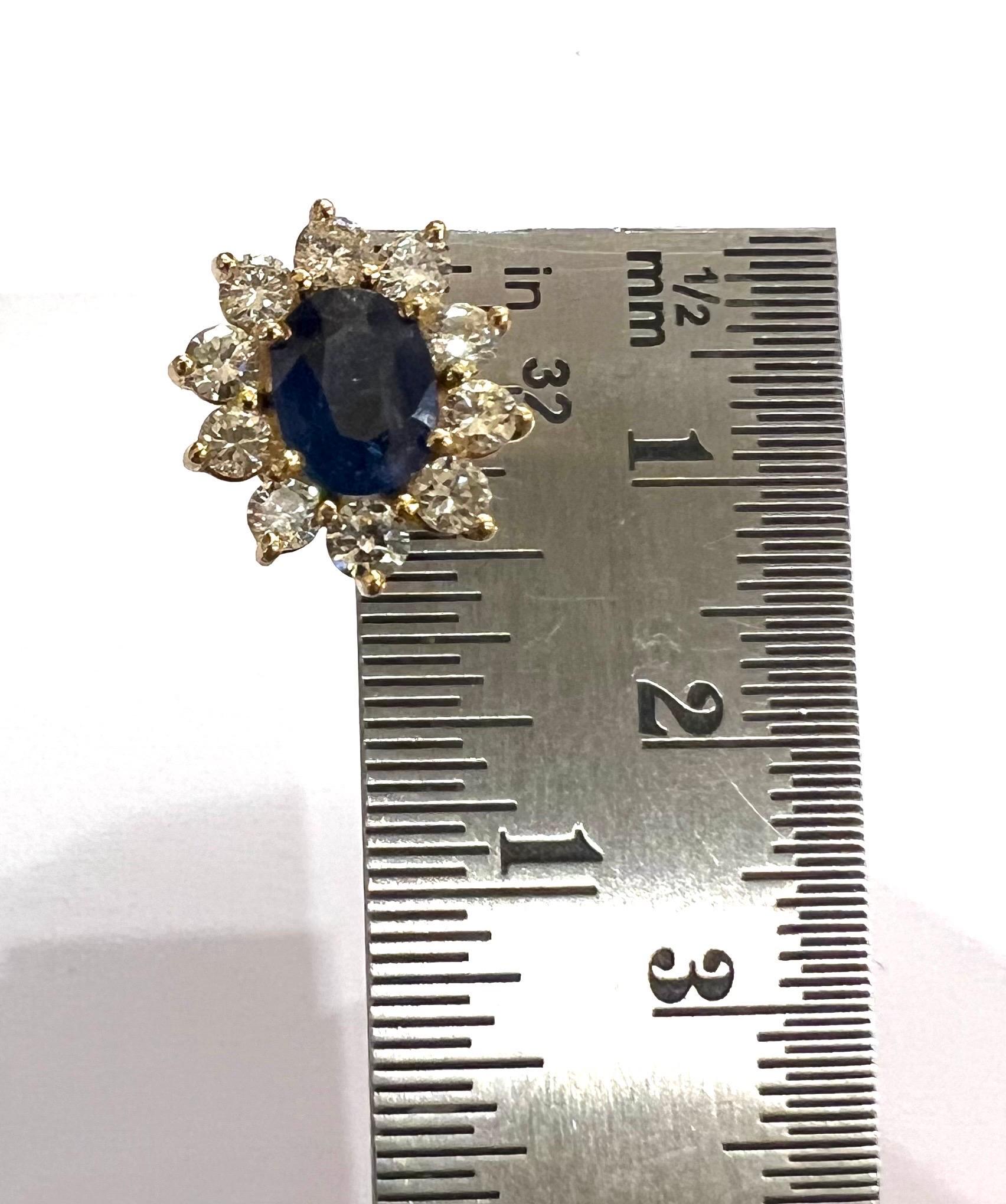 1970s Oval Sapphire Diamonds 18k Yellow Gold Cluster Stud Earrings For Sale 2