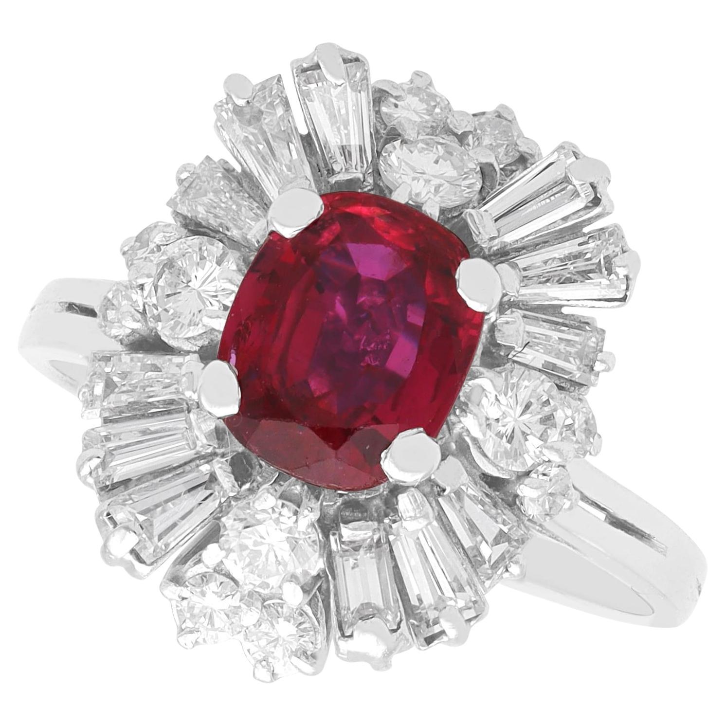 1970s Oval Thai Ruby and 1.56ct Diamond 18k White Gold Cluster Engagement Ring