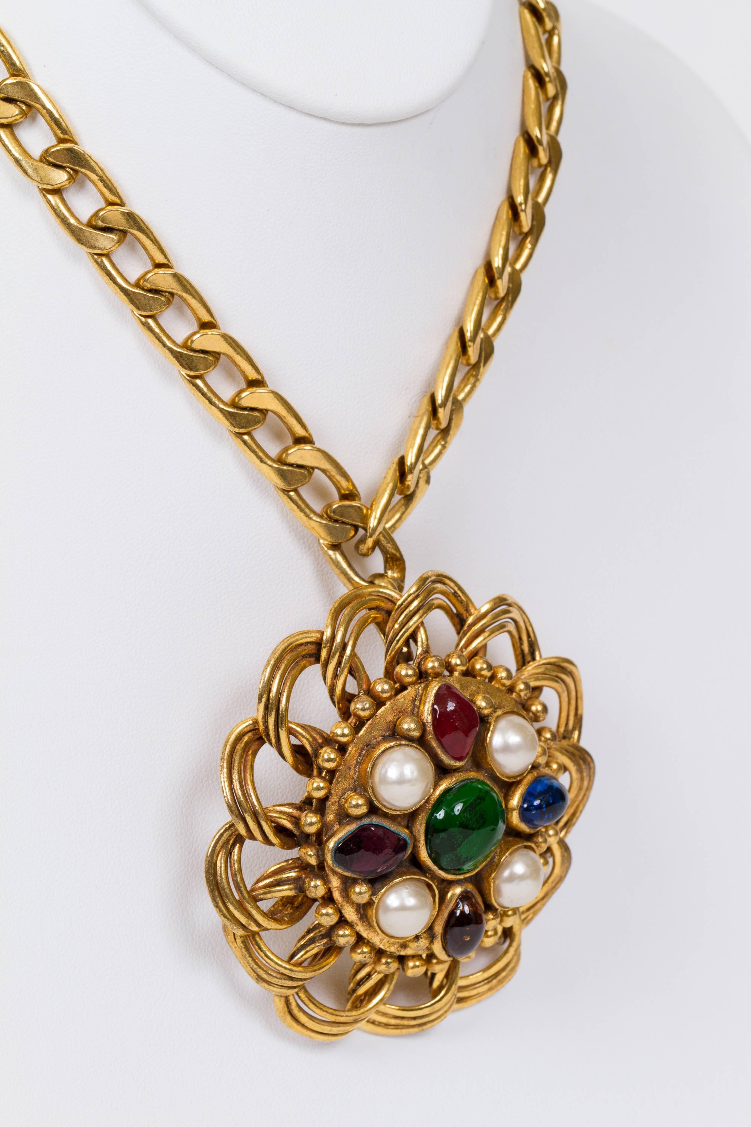 Rare 1970s Chanel oversize multicolor gripoix and faux-pearl detachable pendant choker. Six-link extension was added in the 1980s. Comes with original box.