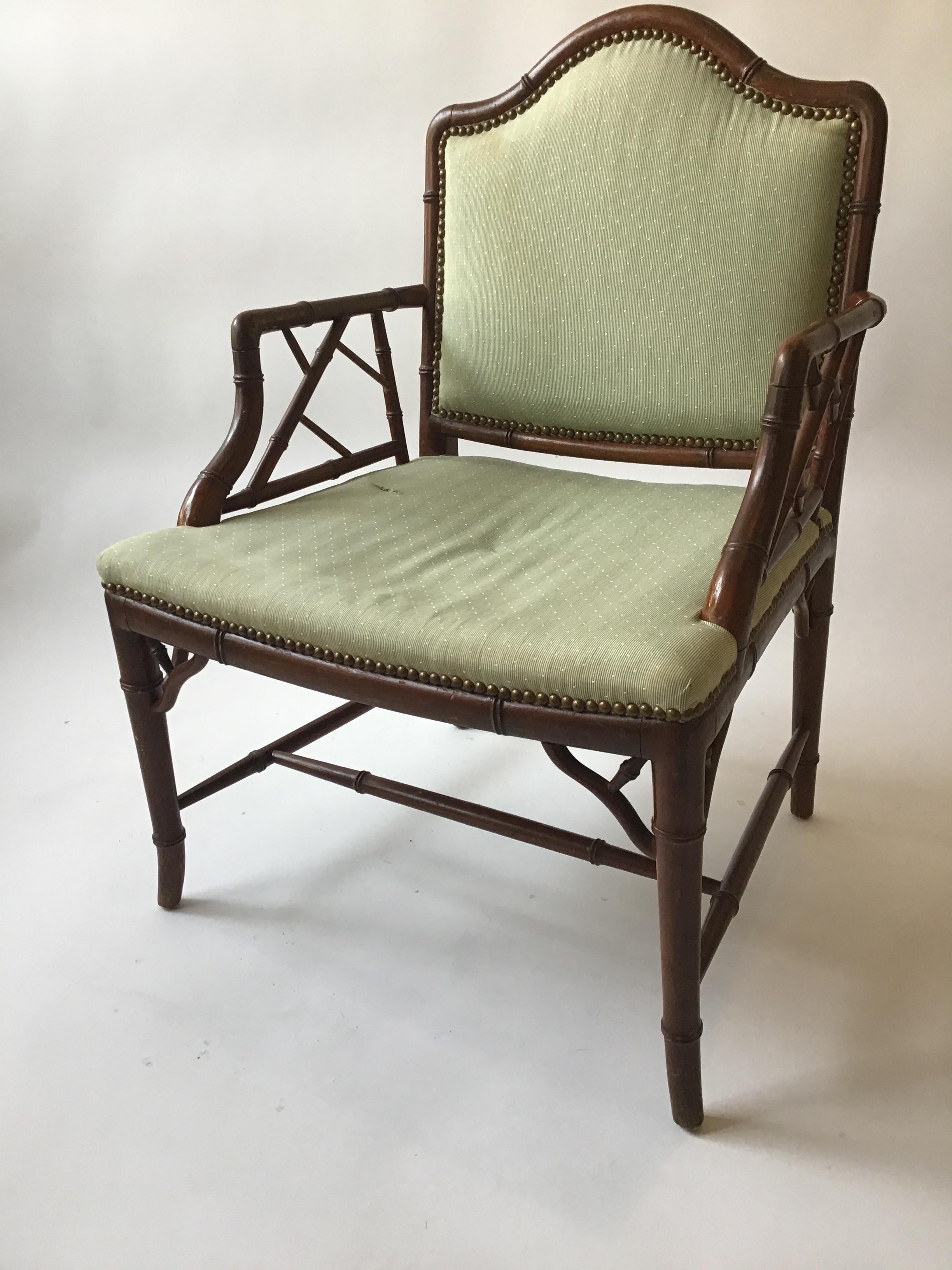 1970s oversized wood faux bamboo armchair. Very wide.