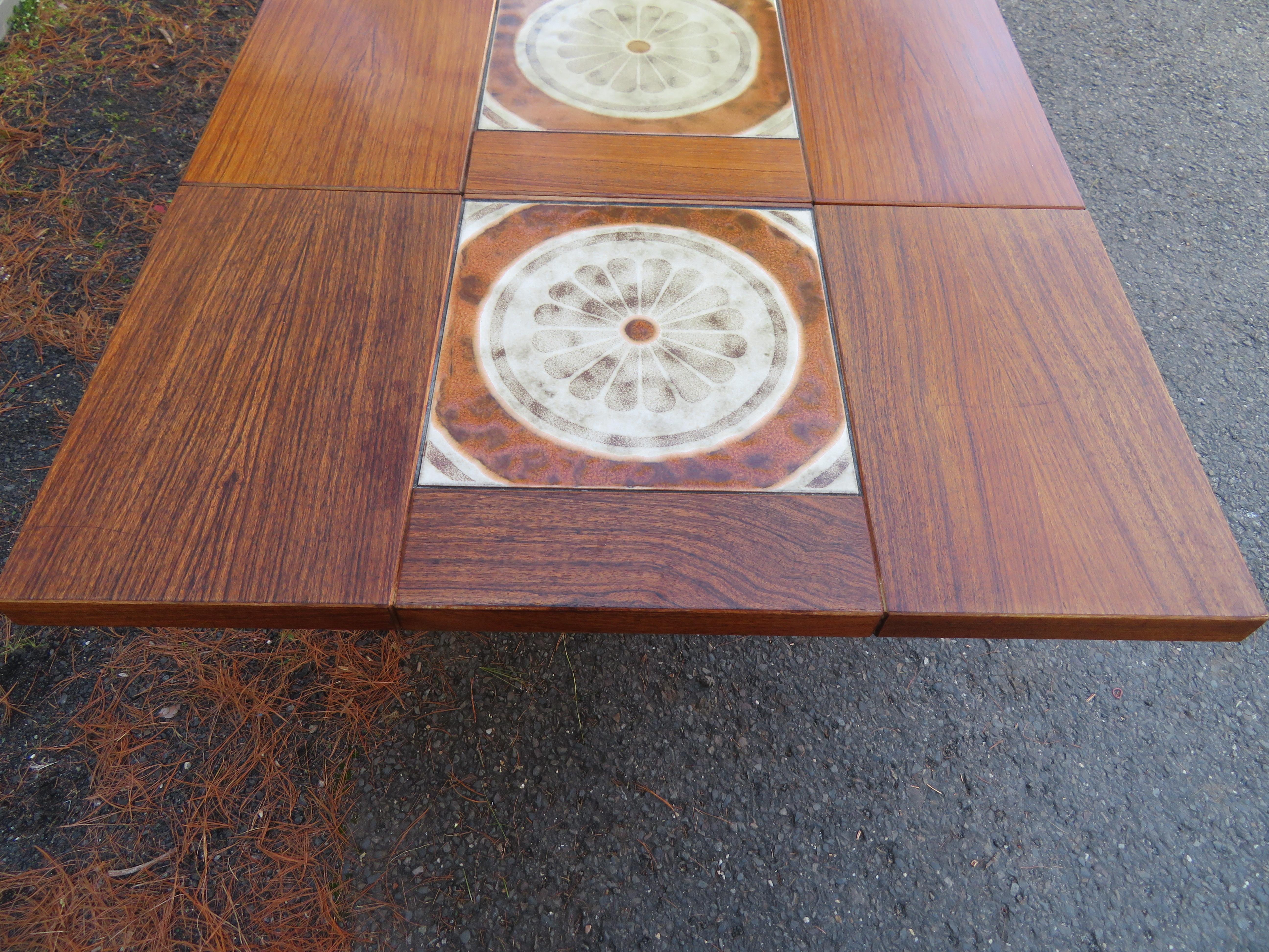 1970s Ox Art Danish Rosewood Tile Drop Leaf Dining Table Midcentury In Good Condition For Sale In Pemberton, NJ
