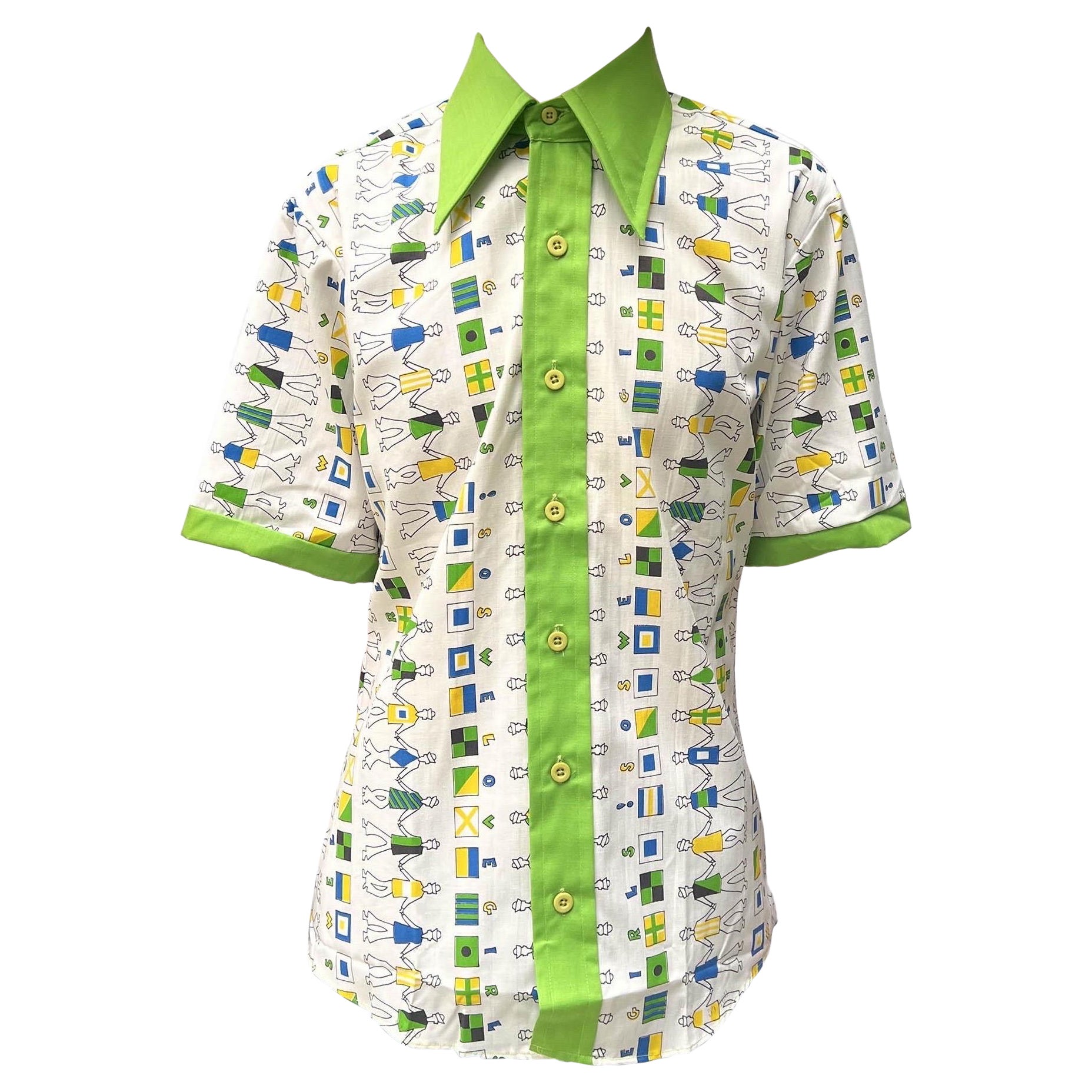 1970S OXFORD Camisa geométrica de algodón verde claro "We Love Girls" para hombre en venta
