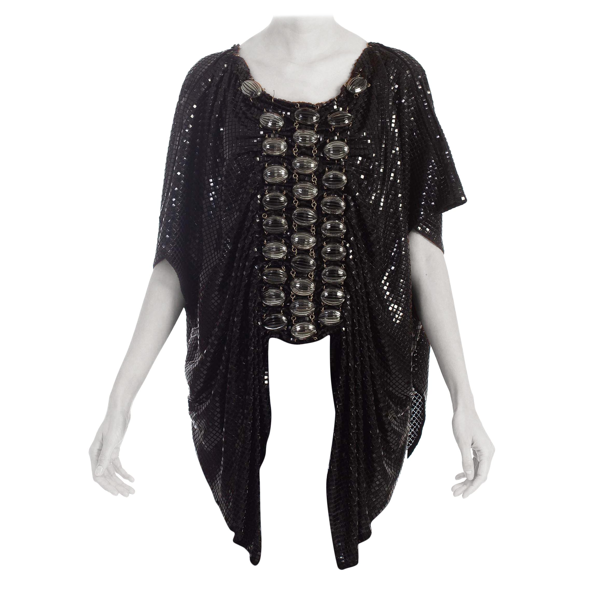 1970S PACO RABANNE Black Cotton Knit Draped Top With Giant Chainmail Front & Ba For Sale