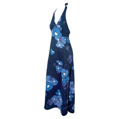 1970s Paco Rabanne Blue Floral Lurex Sparkle Halter High Slit Maxi Dress