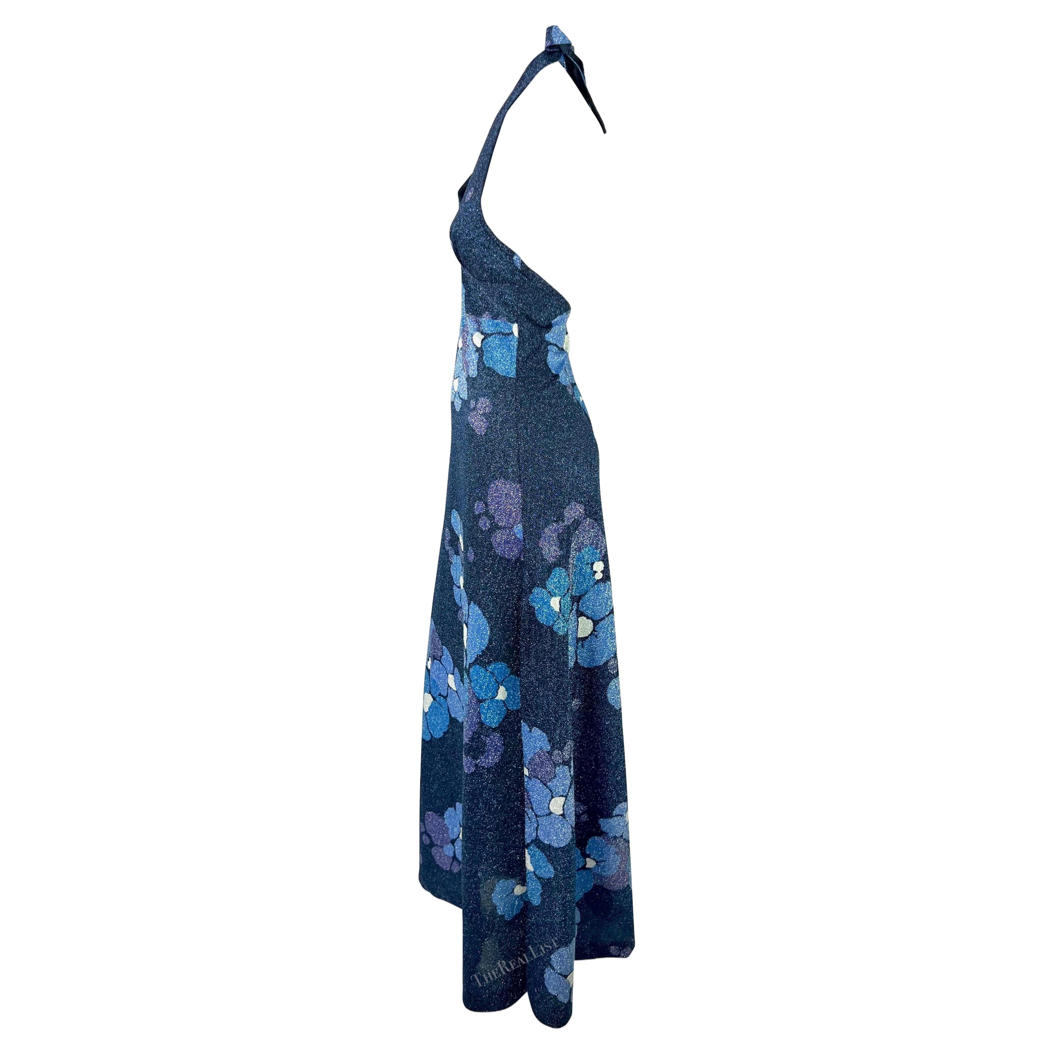 1970s Paco Rabanne Blue Floral Lurex Sparkle Halter High Slit Maxi Dress Excellent état - En vente à West Hollywood, CA