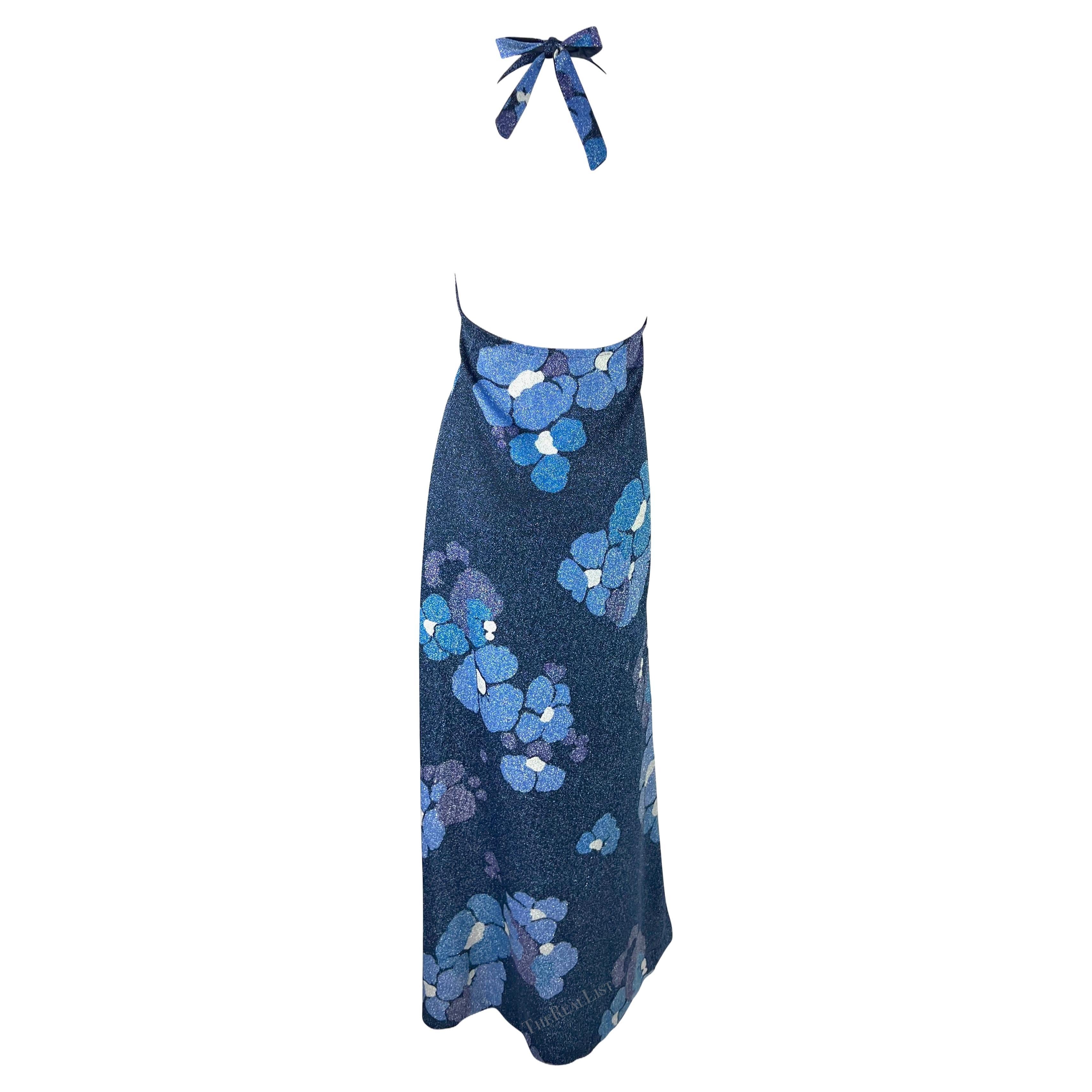 1970s Paco Rabanne Blue Floral Lurex Sparkle Halter High Slit Maxi Dress Pour femmes en vente
