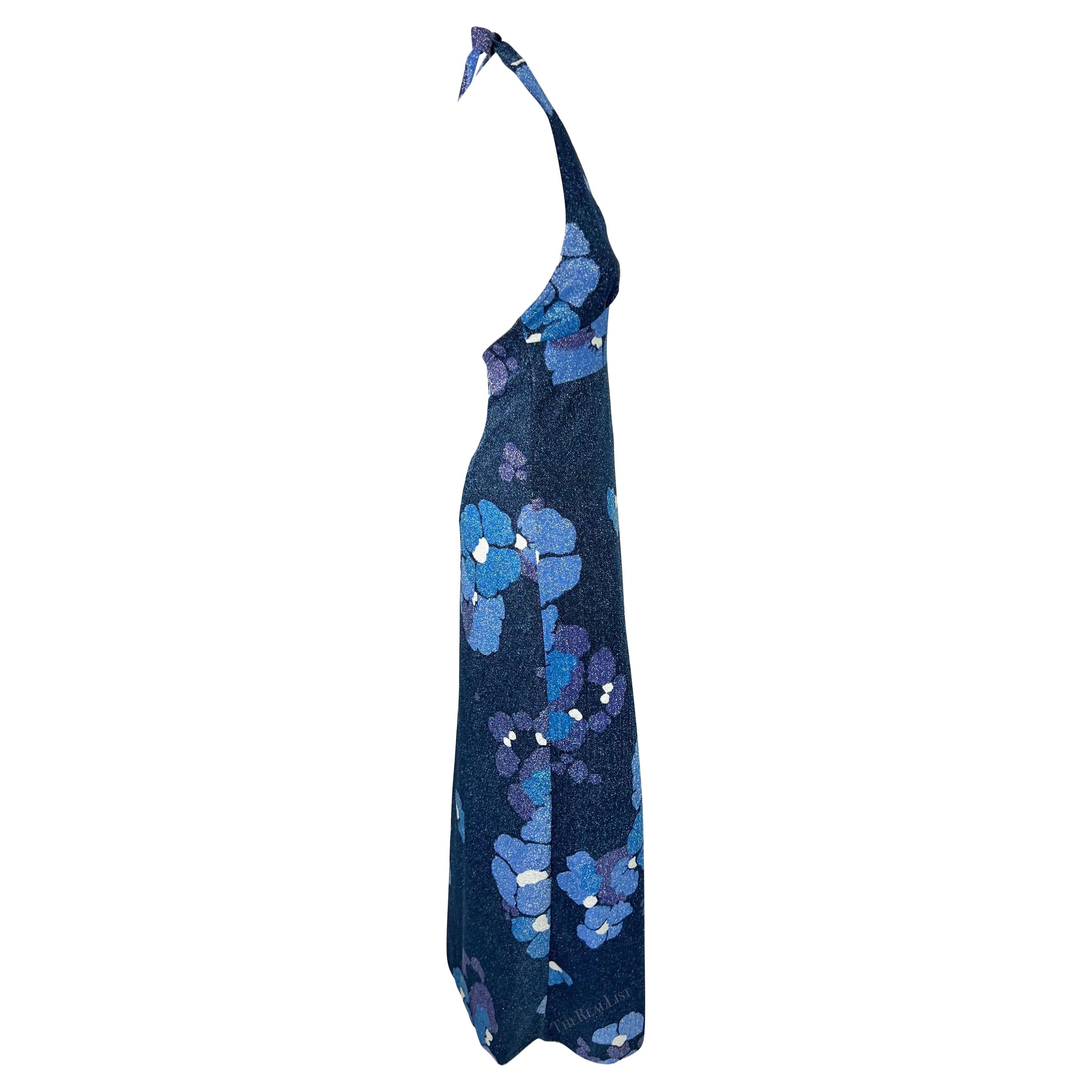 1970s Paco Rabanne Blue Floral Lurex Sparkle Halter High Slit Maxi Dress en vente 1