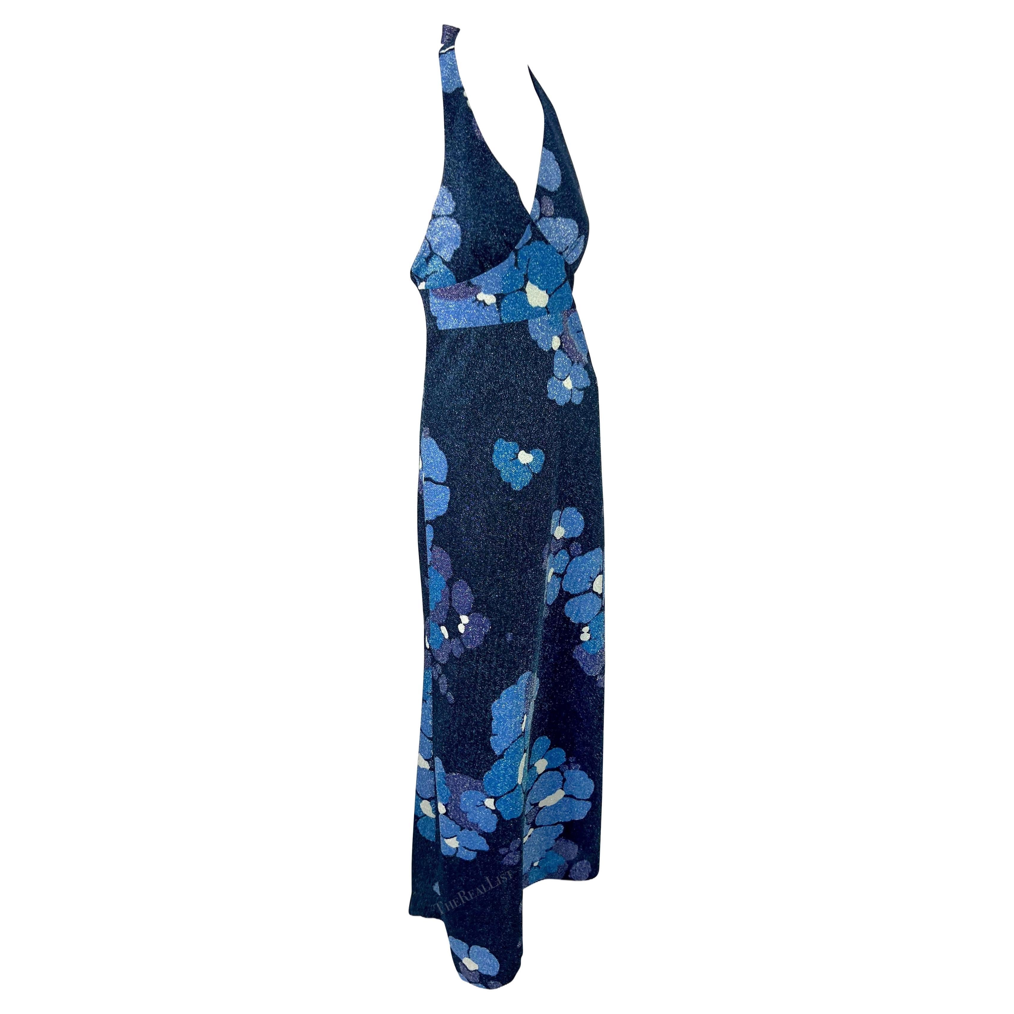 1970s Paco Rabanne Blue Floral Lurex Sparkle Halter High Slit Maxi Dress en vente 2