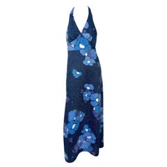 Paco Rabanne Blaues, geblümtes Lurex-Maxikleid mit hohem Schlitz und funkelndem Trägern, 1970er Jahre