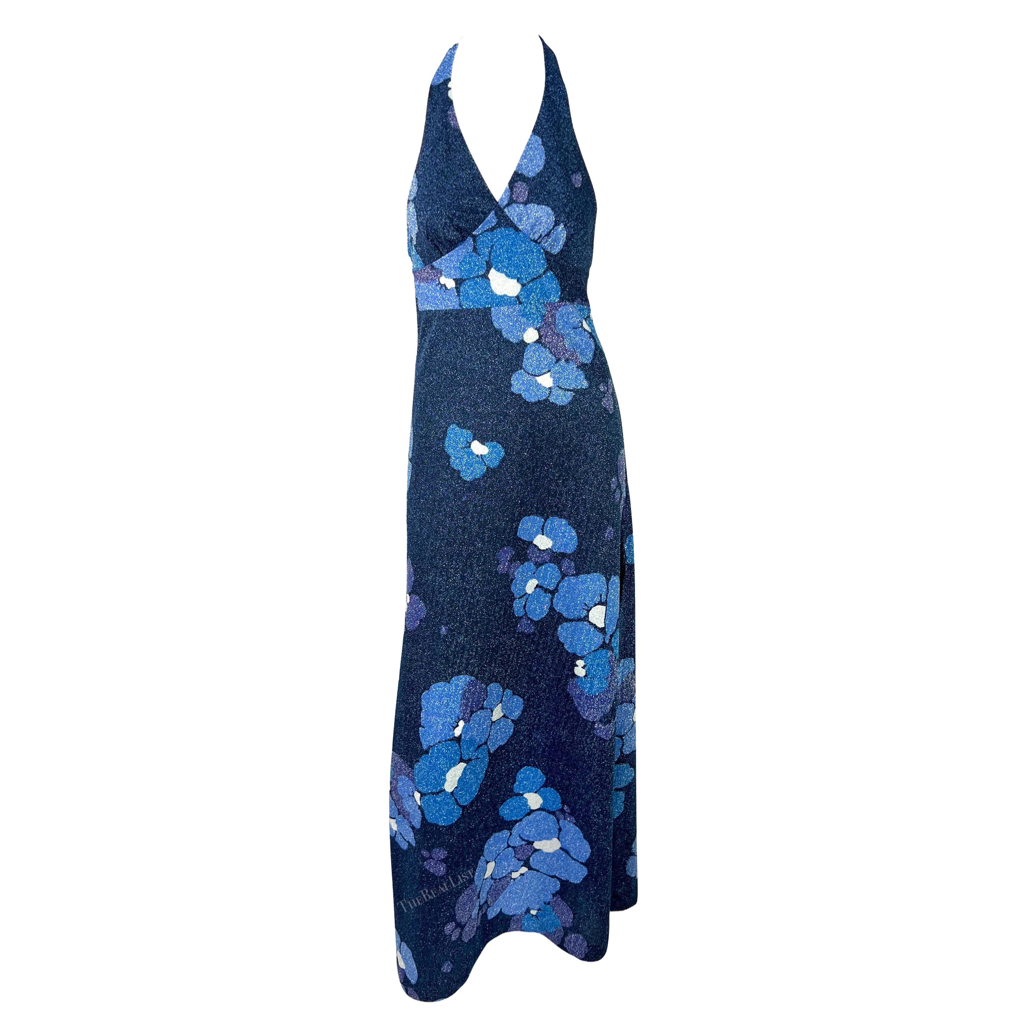1970s Paco Rabanne Blue Floral Lurex Sparkle Halter High Slit Maxi Dress en vente