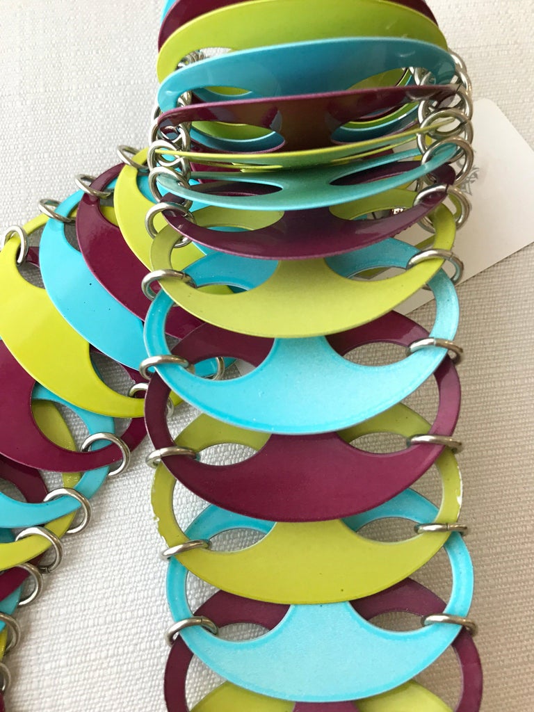 Vintage Rare  Paco Rabanne Multi Color Metal Disc chain belt in turquoise blue, mustard yellow and Plum color.  Belt can be worn as necklace.