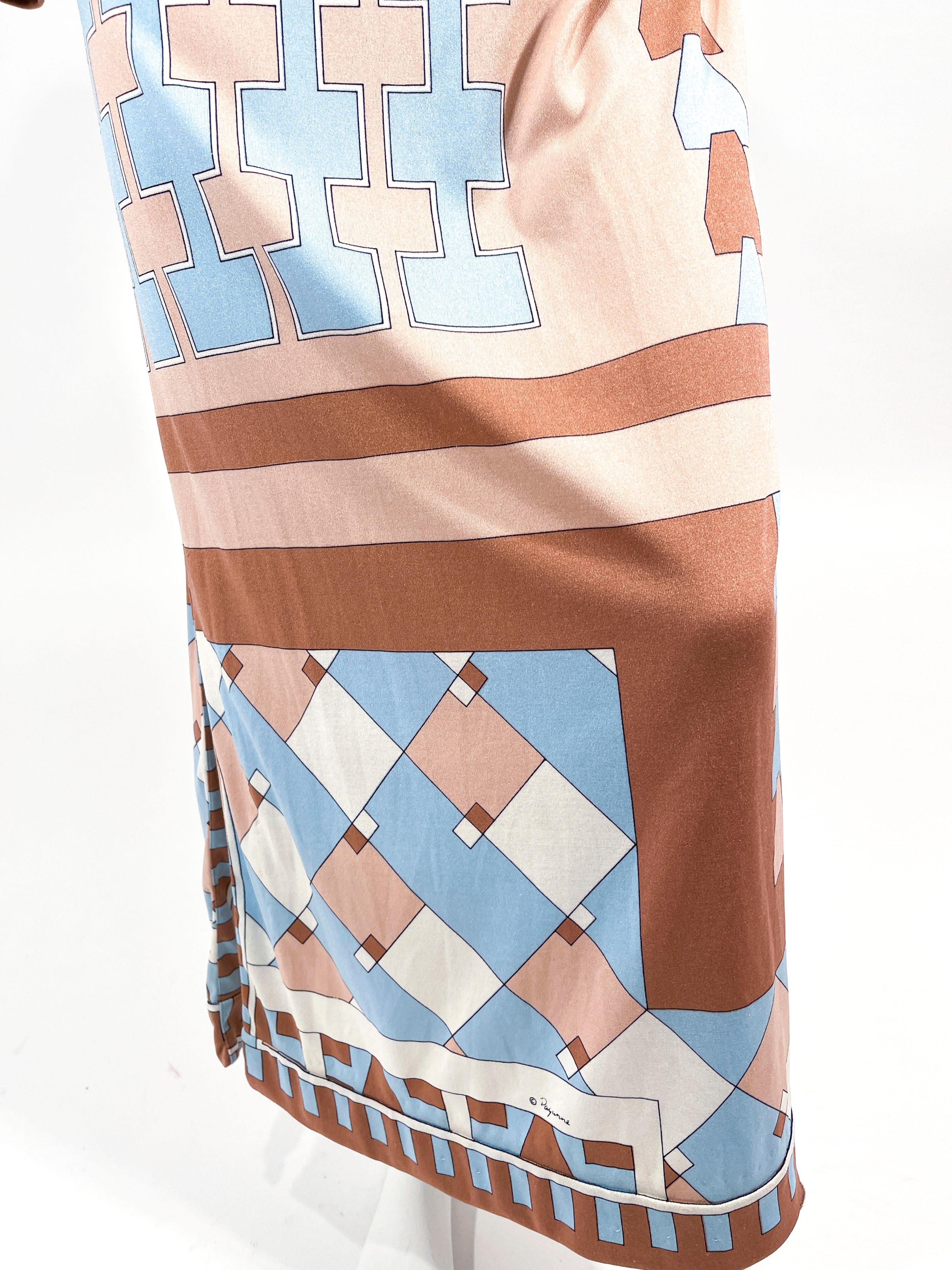 Beige Paganne - Robe en jersey de soie imprimée, années 1970 en vente
