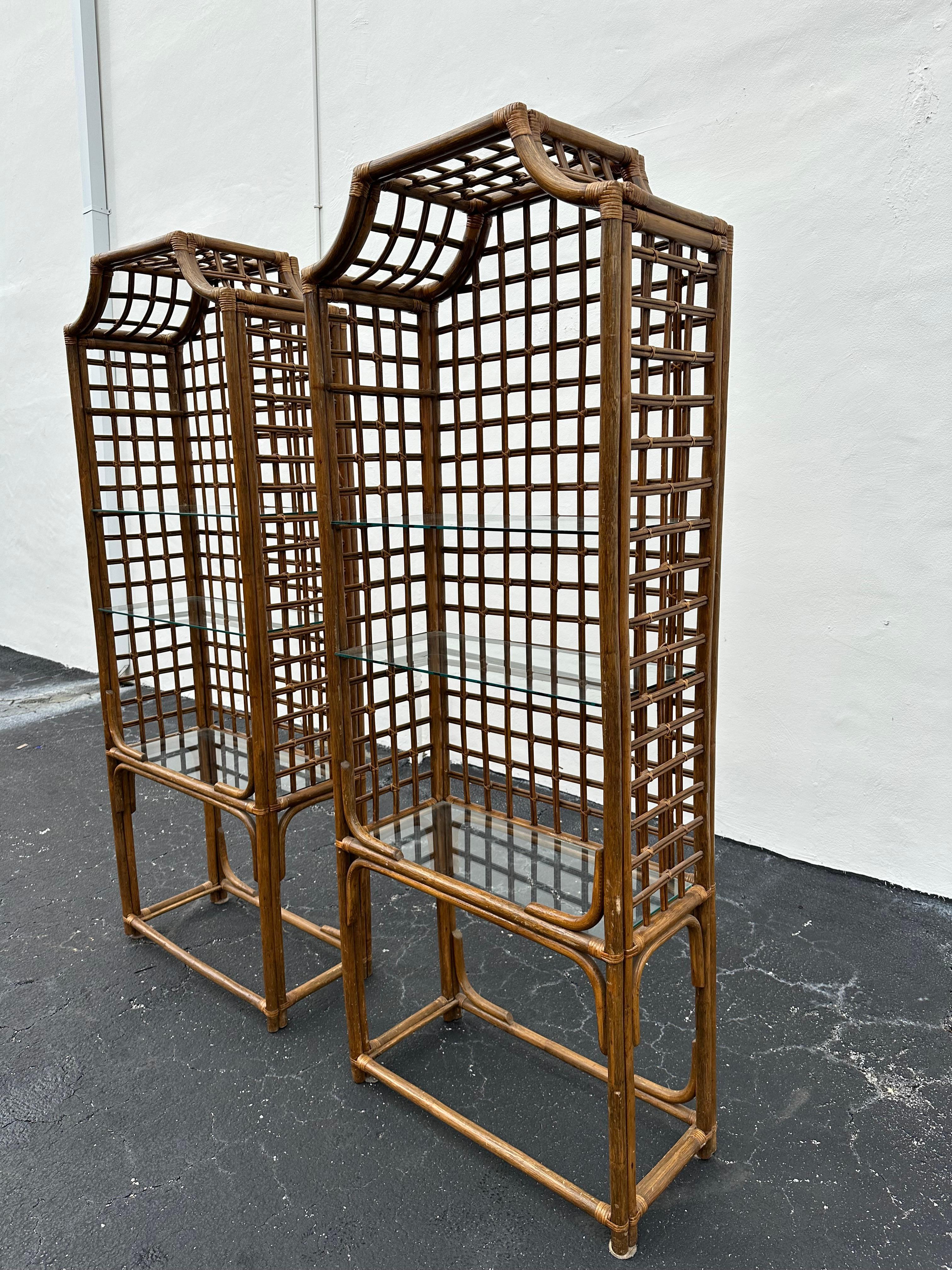 1970s Pagoda Rattan Glass Bookcase Etagere Display Shelves, Ser of 2 For Sale 4