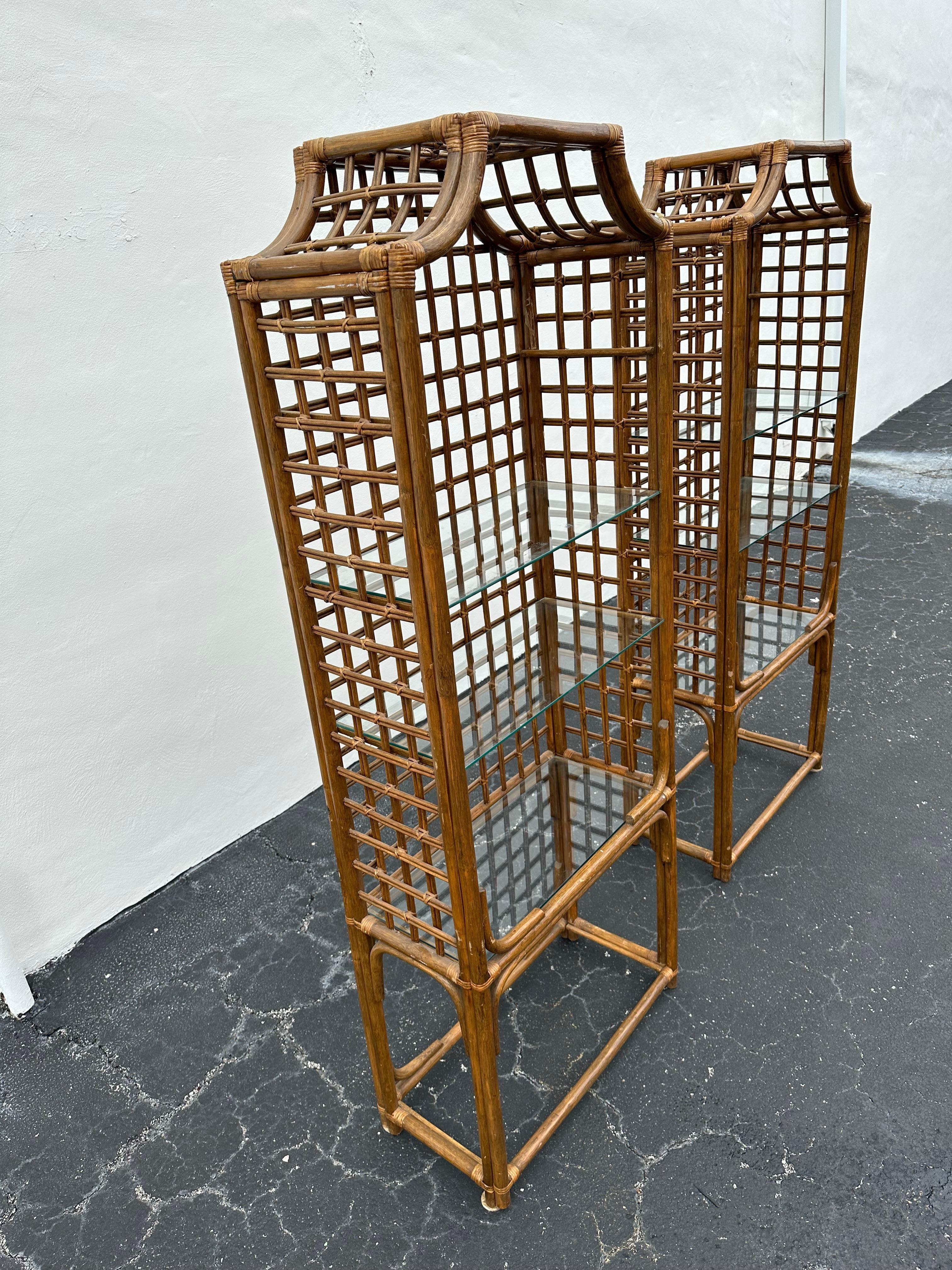 1970s Pagoda Rattan Glass Bookcase Etagere Display Shelves, Ser of 2 For Sale 5