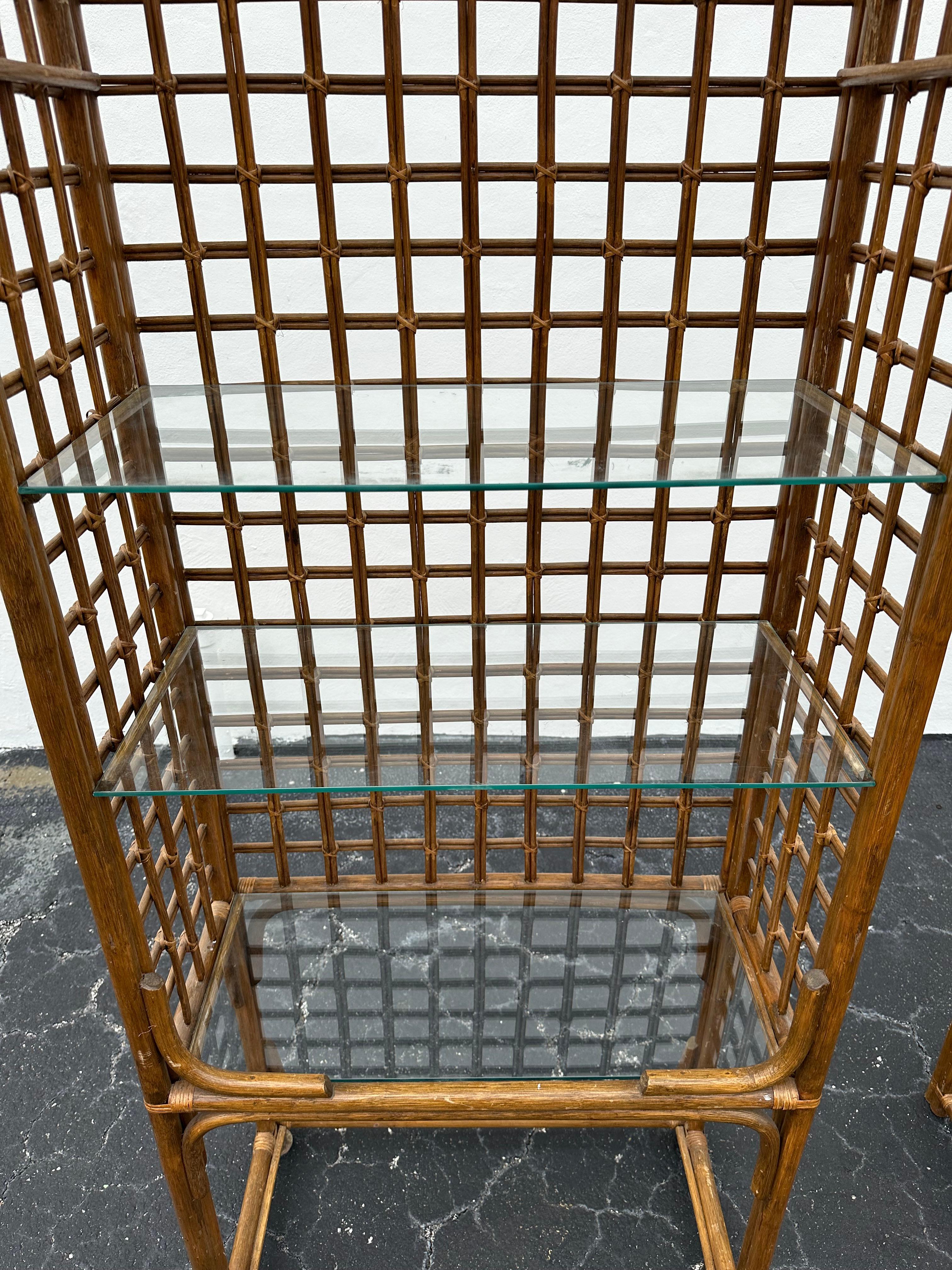 1970s Pagoda Rattan Glass Bookcase Etagere Display Shelves, Ser of 2 For Sale 6