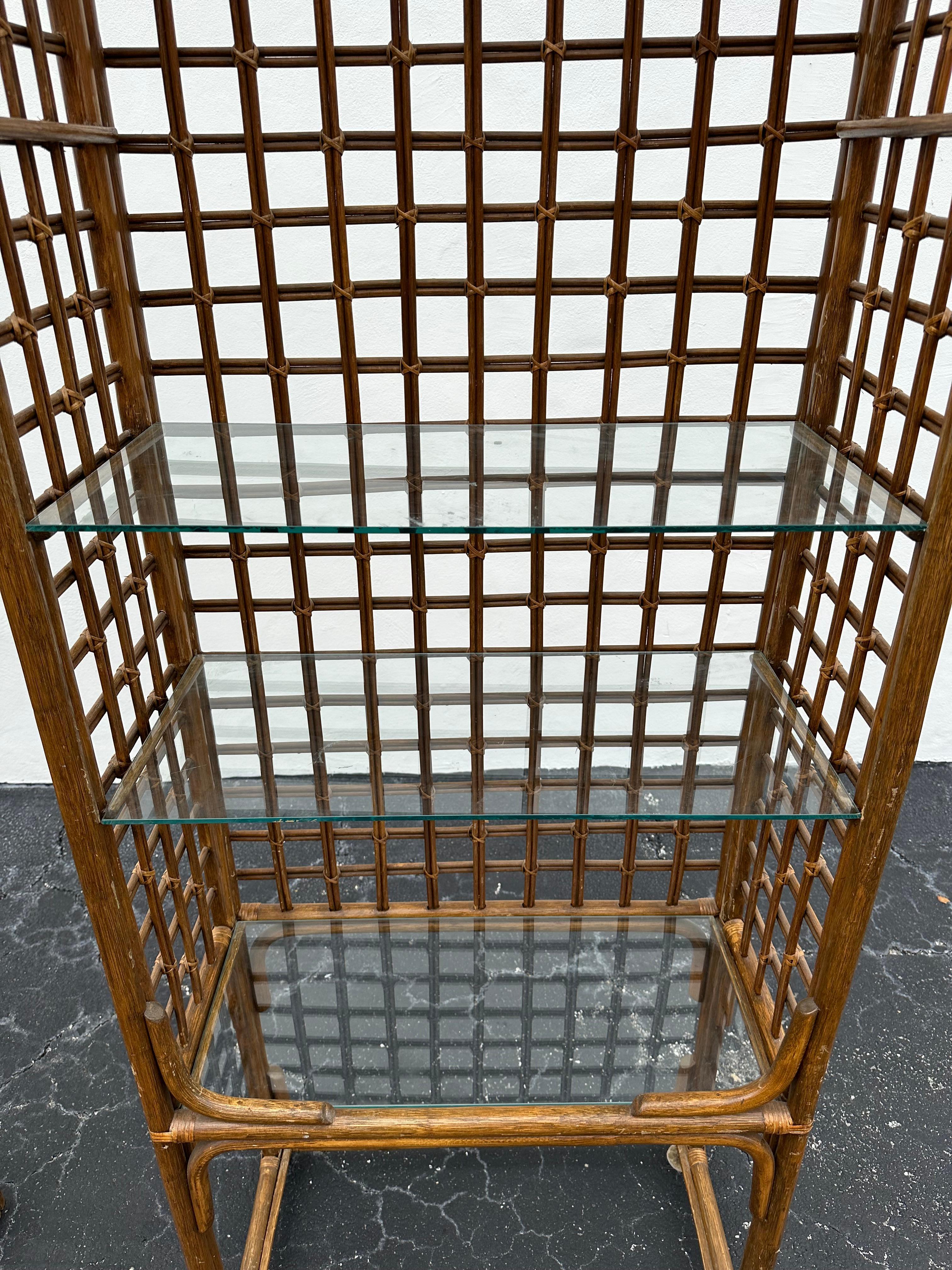 1970s Pagoda Rattan Glass Bookcase Etagere Display Shelves, Ser of 2 For Sale 7