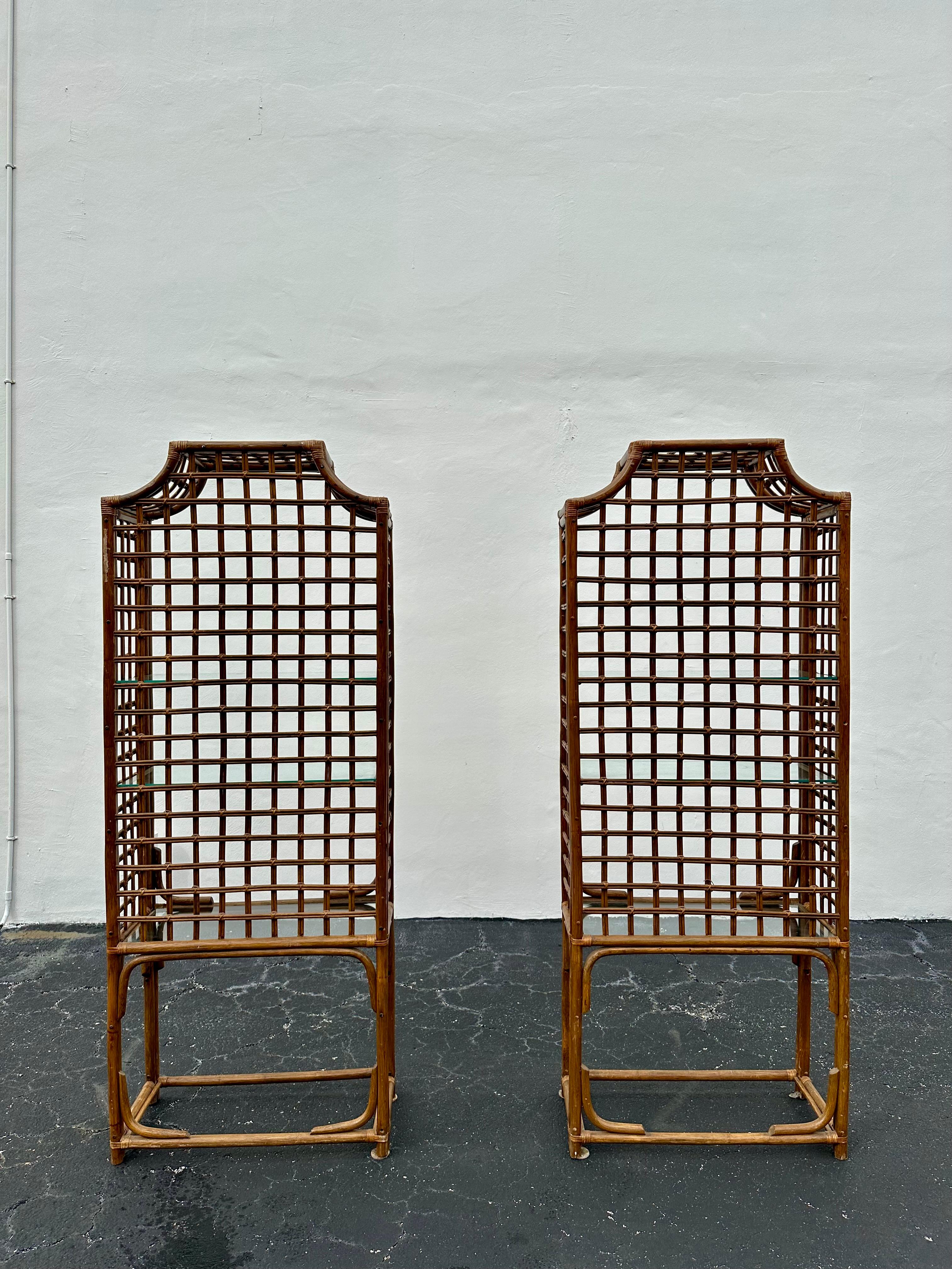 1970s Pagoda Rattan Glass Bookcase Etagere Display Shelves, Ser of 2 For Sale 8