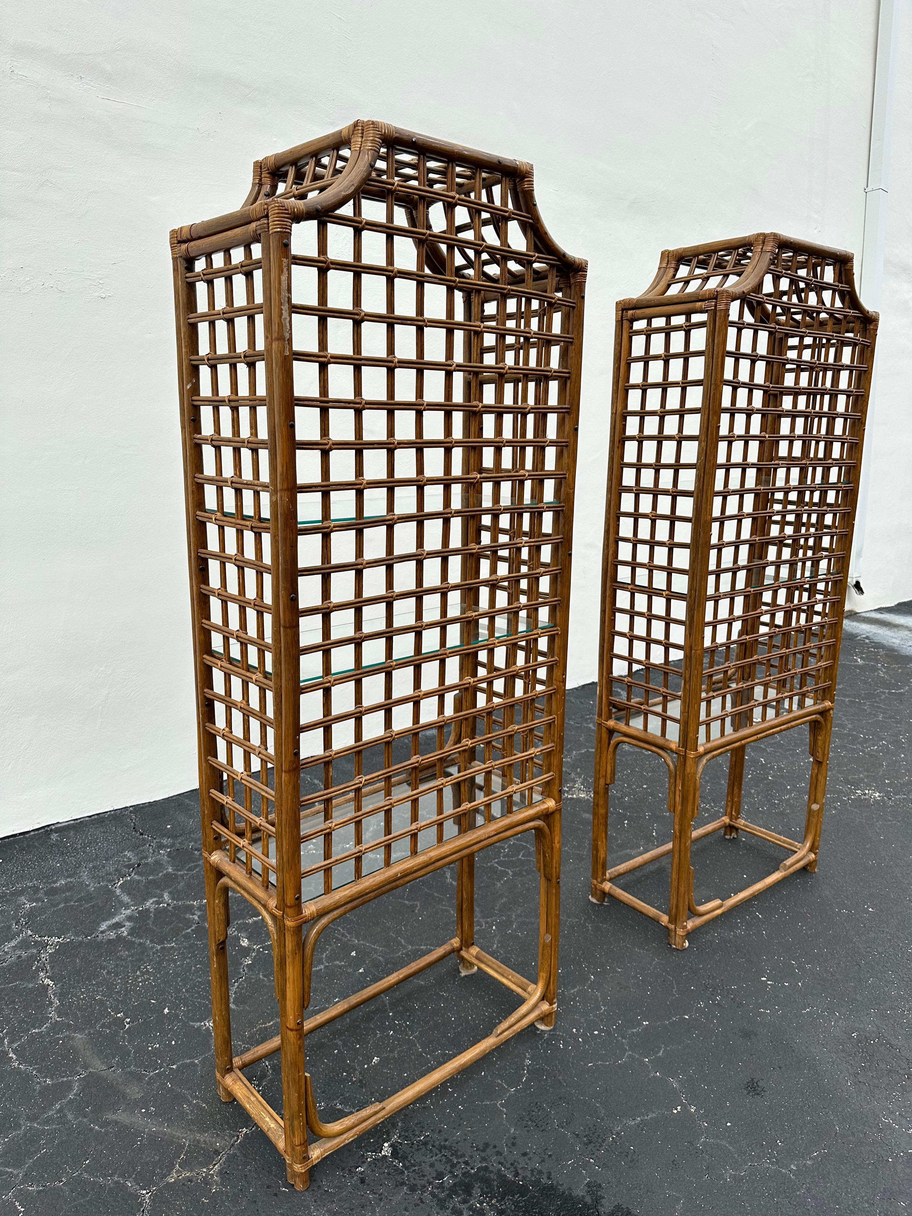 1970s Pagoda Rattan Glass Bookcase Etagere Display Shelves, Ser of 2 For Sale 9