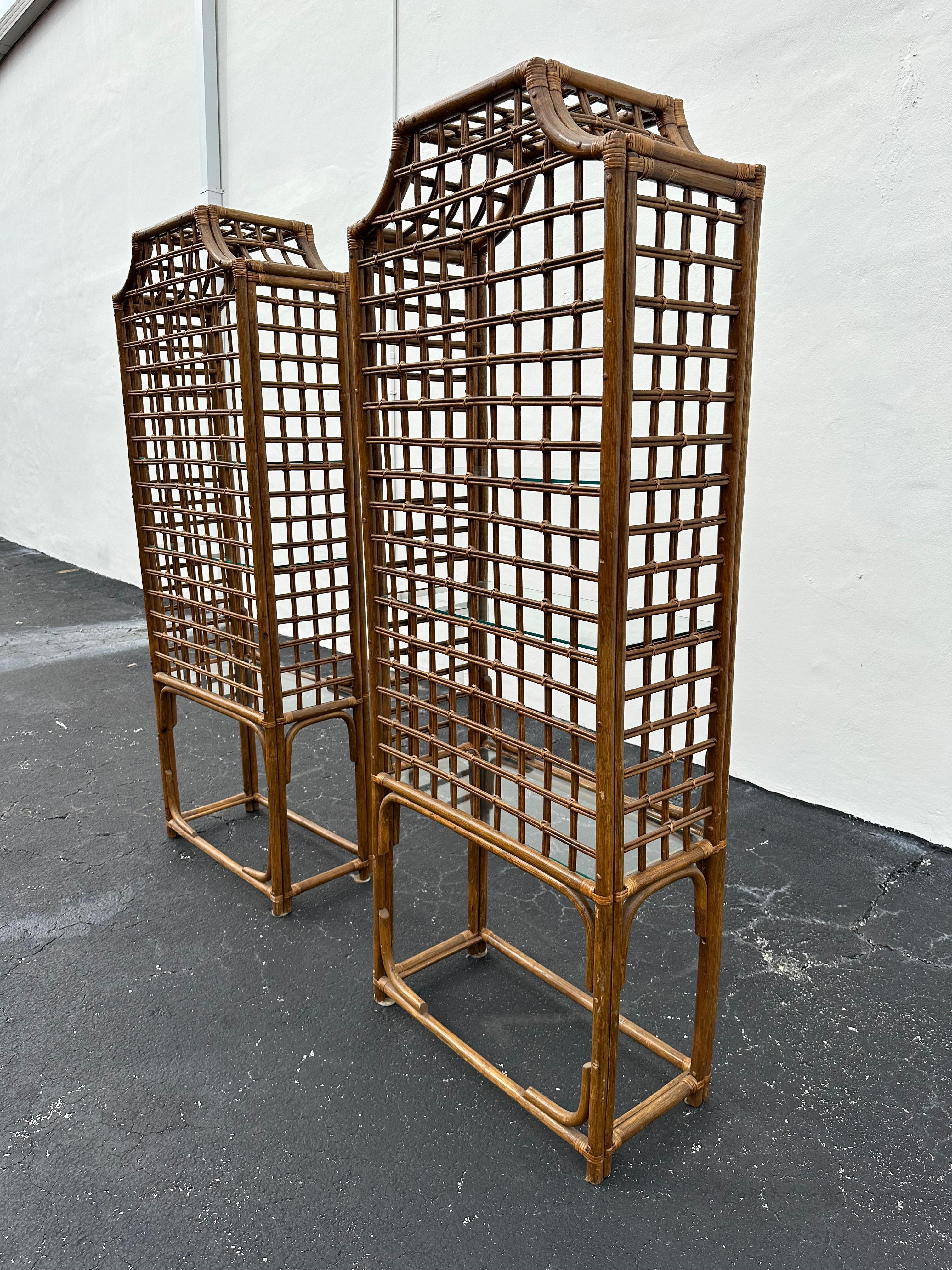 1970s Pagoda Rattan Glass Bookcase Etagere Display Shelves, Ser of 2 For Sale 10